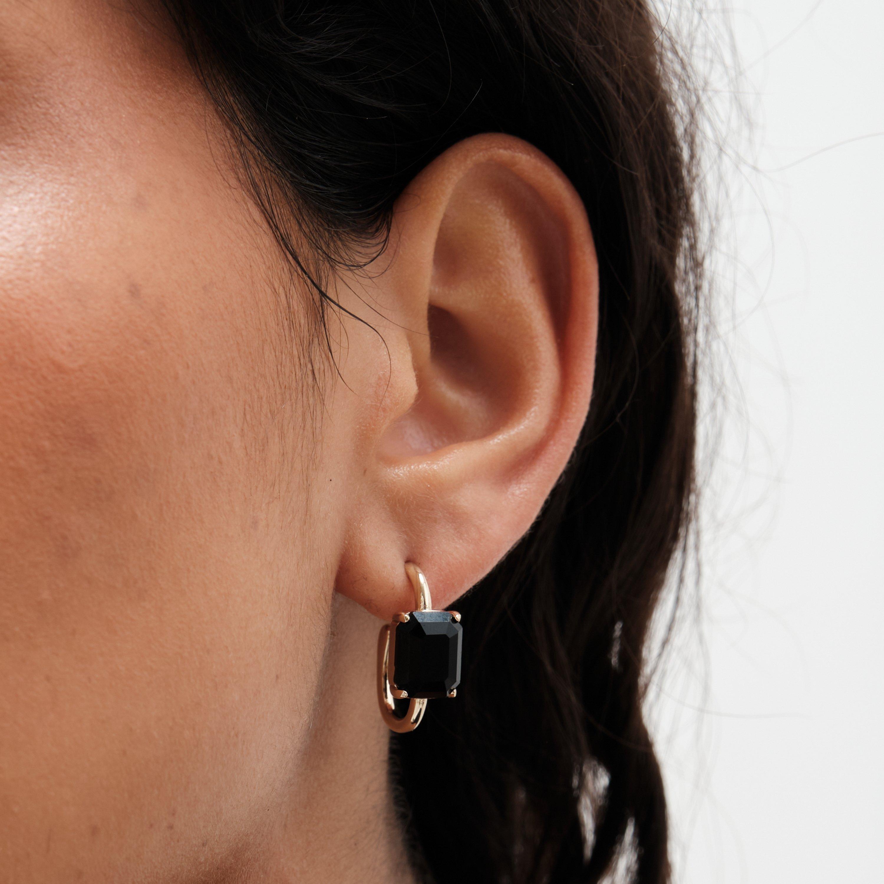 Gold - Mood - Gold Black Emerald Cut Stone Hoop Earrings - 2