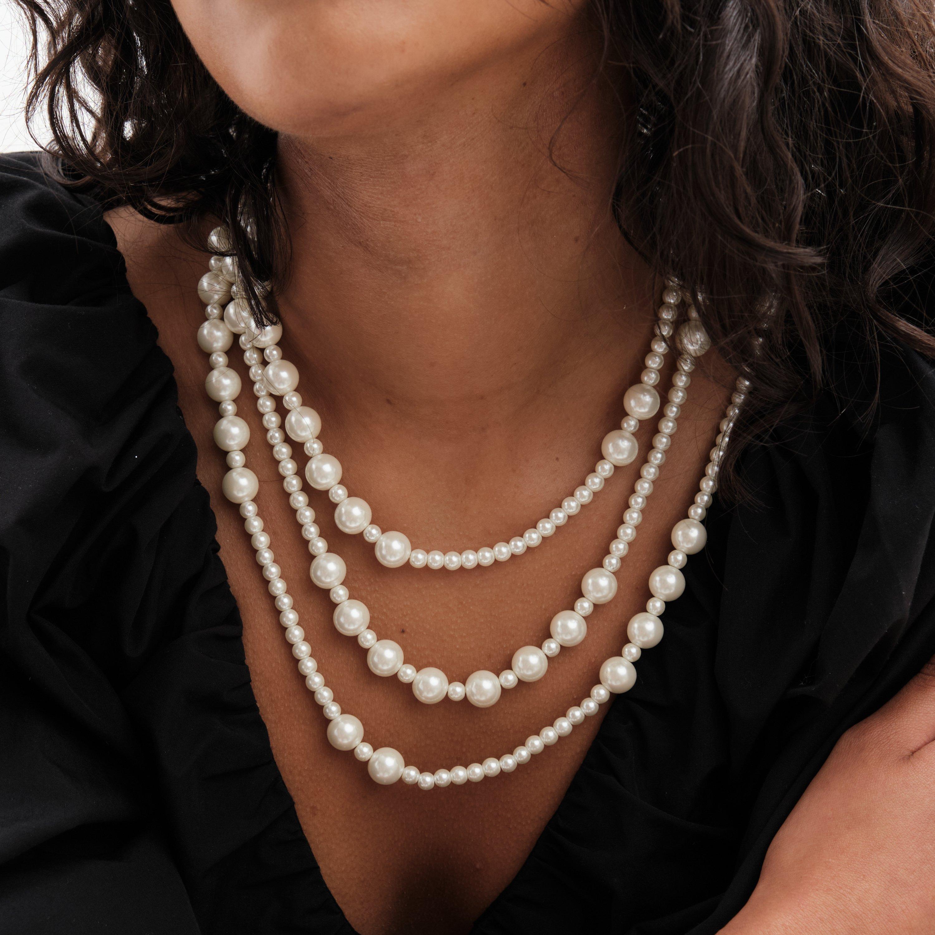 Gold - Mood - Gold Cream Pearl Multirow Necklace - 3