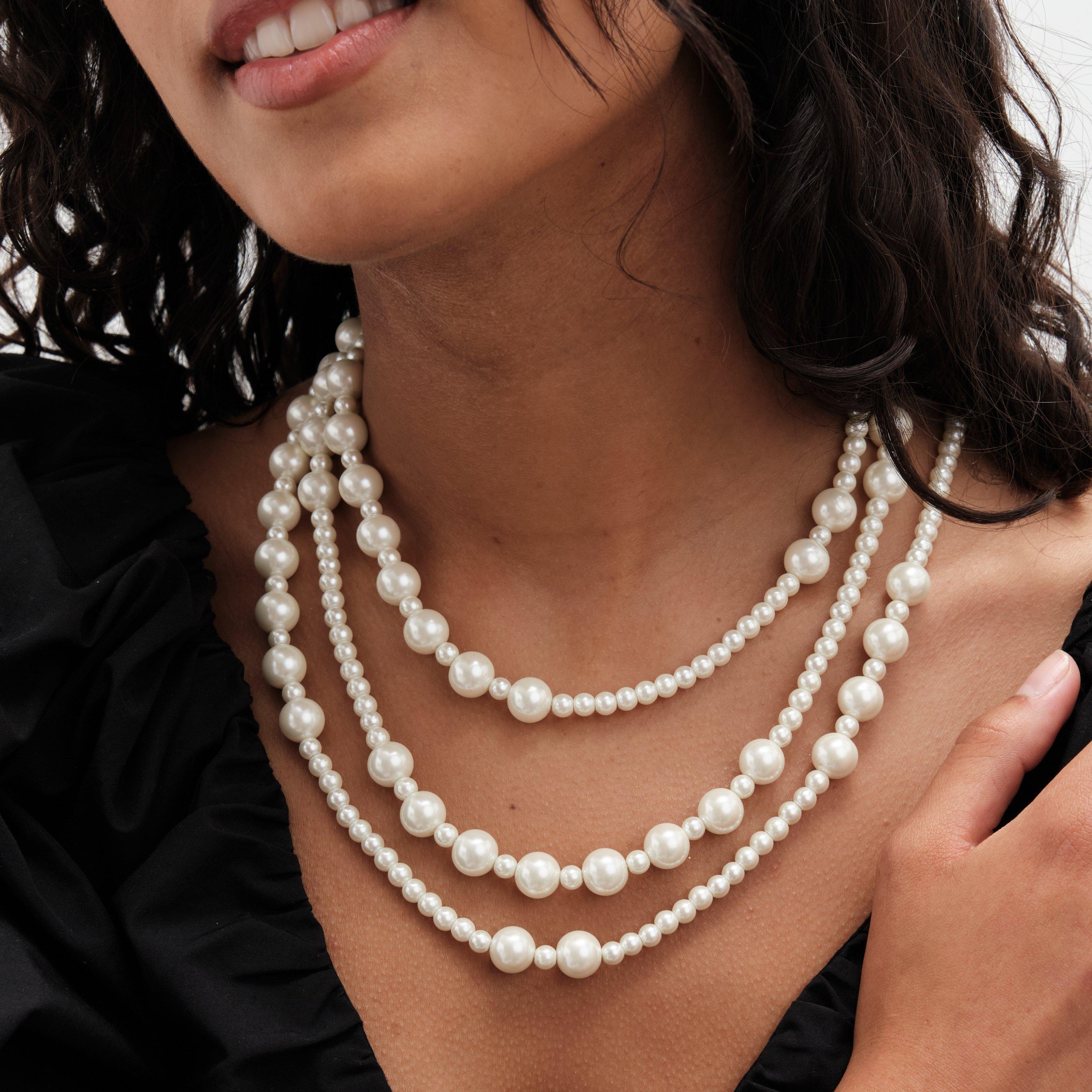 Gold - Mood - Gold Cream Pearl Multirow Necklace - 4