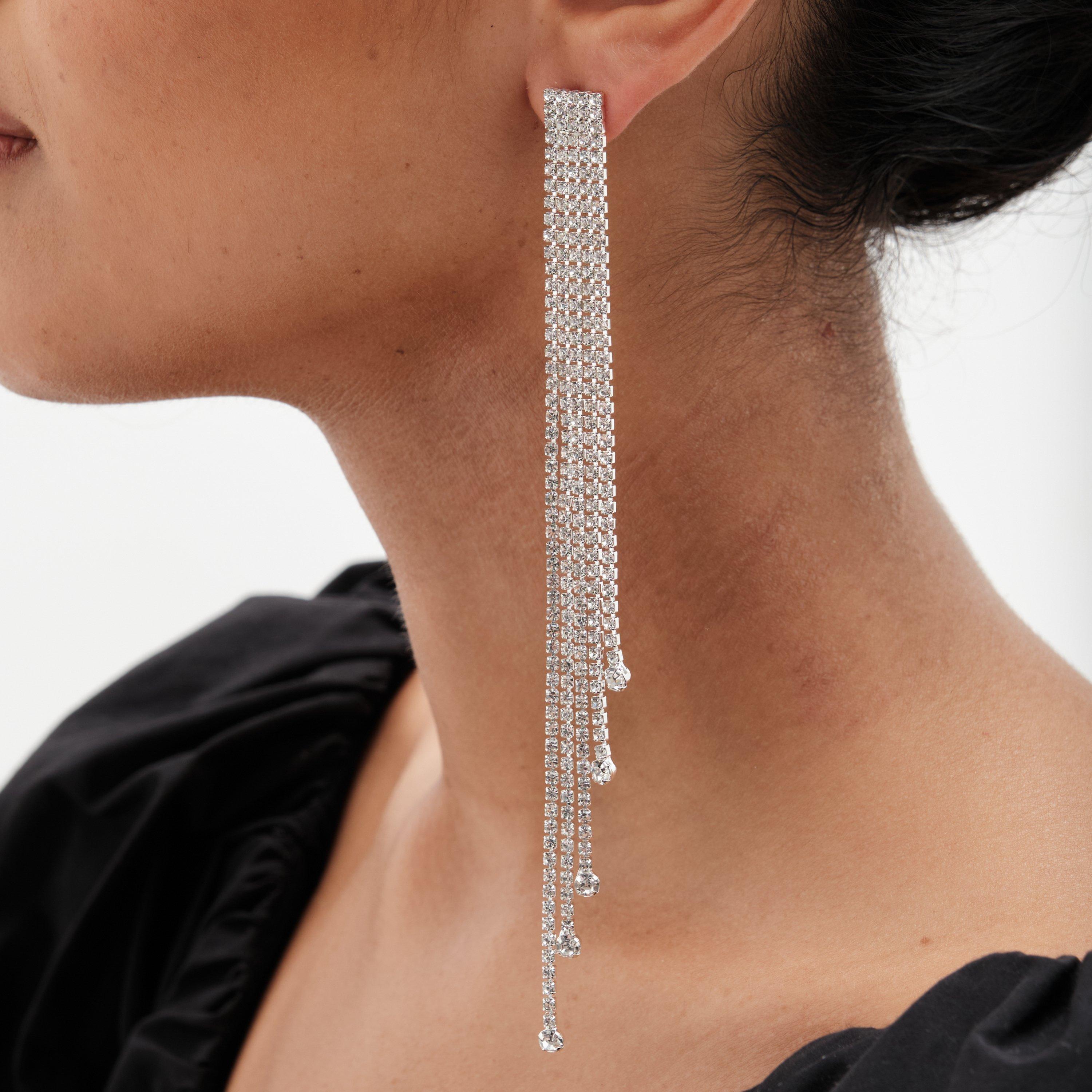 Silver - Mood - Silver Crystal Diamante Shoulder Duster Earrings - 2