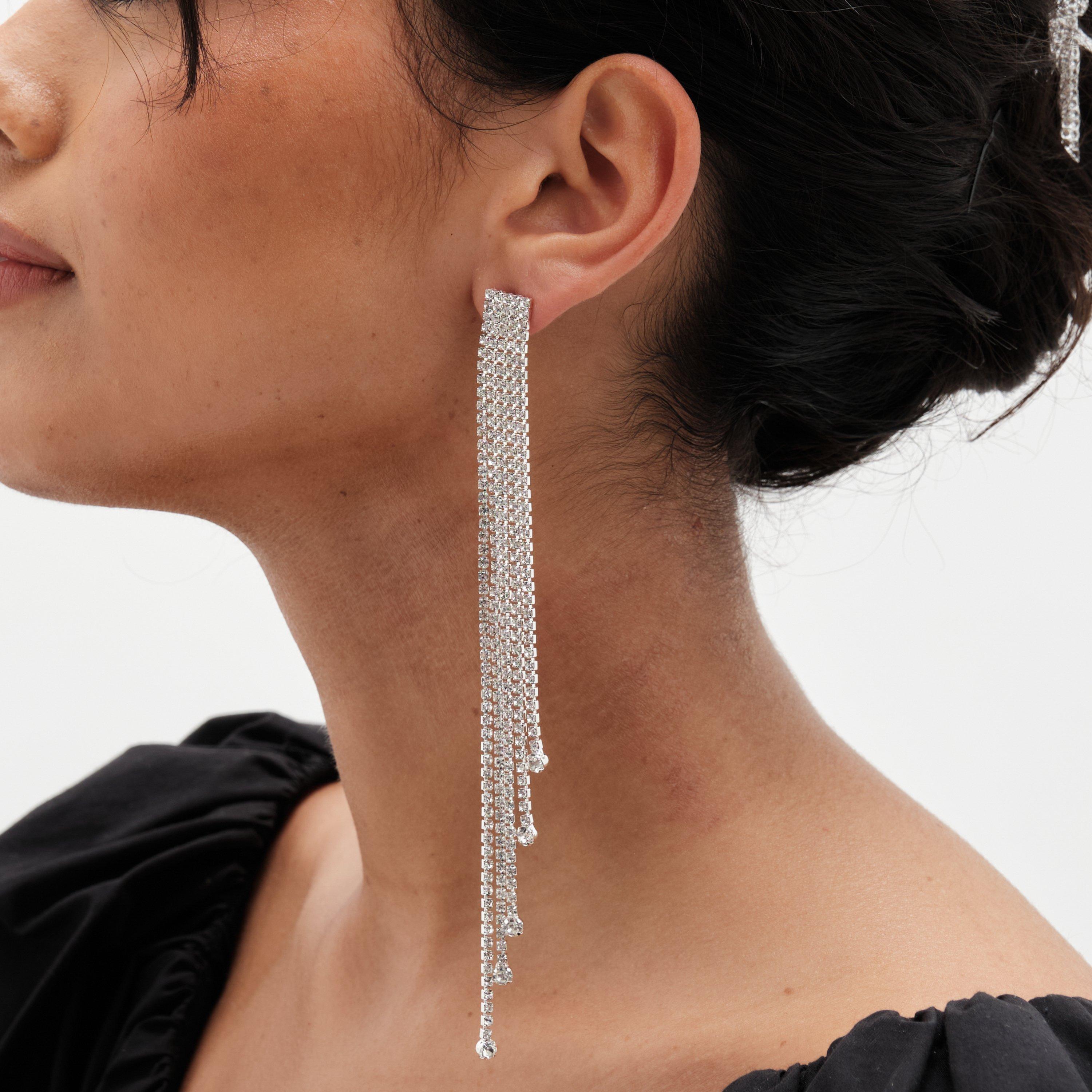 Silver - Mood - Silver Crystal Diamante Shoulder Duster Earrings - 3