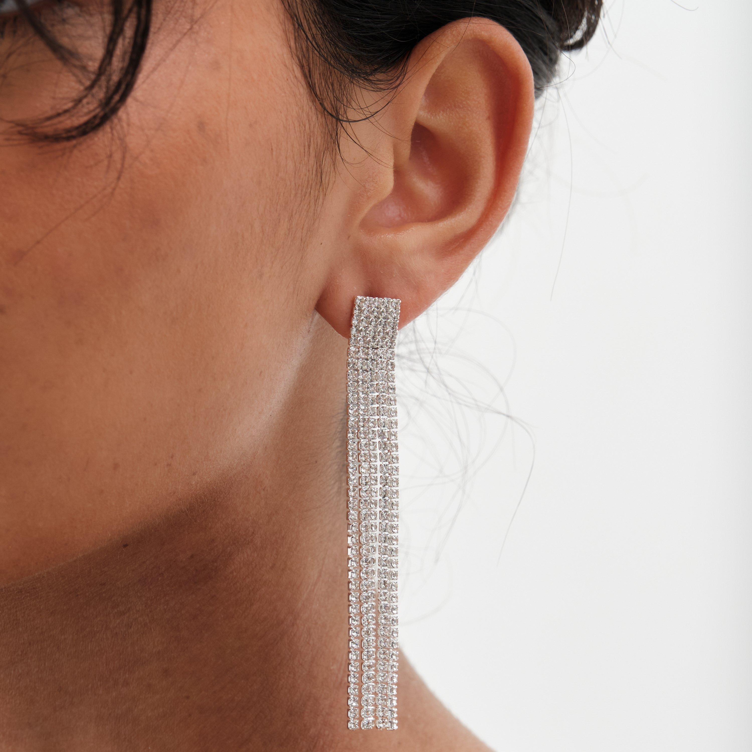 Silver - Mood - Silver Crystal Core Diamante Shower Drop Earrings - 2