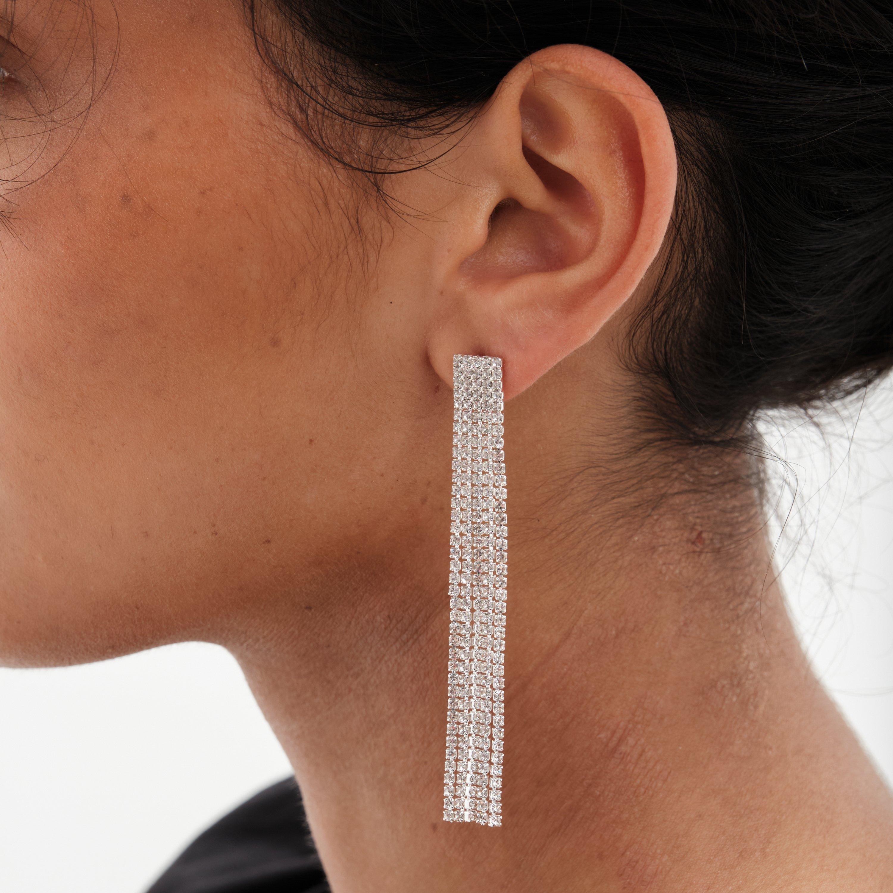 Silver - Mood - Silver Crystal Core Diamante Shower Drop Earrings - 3