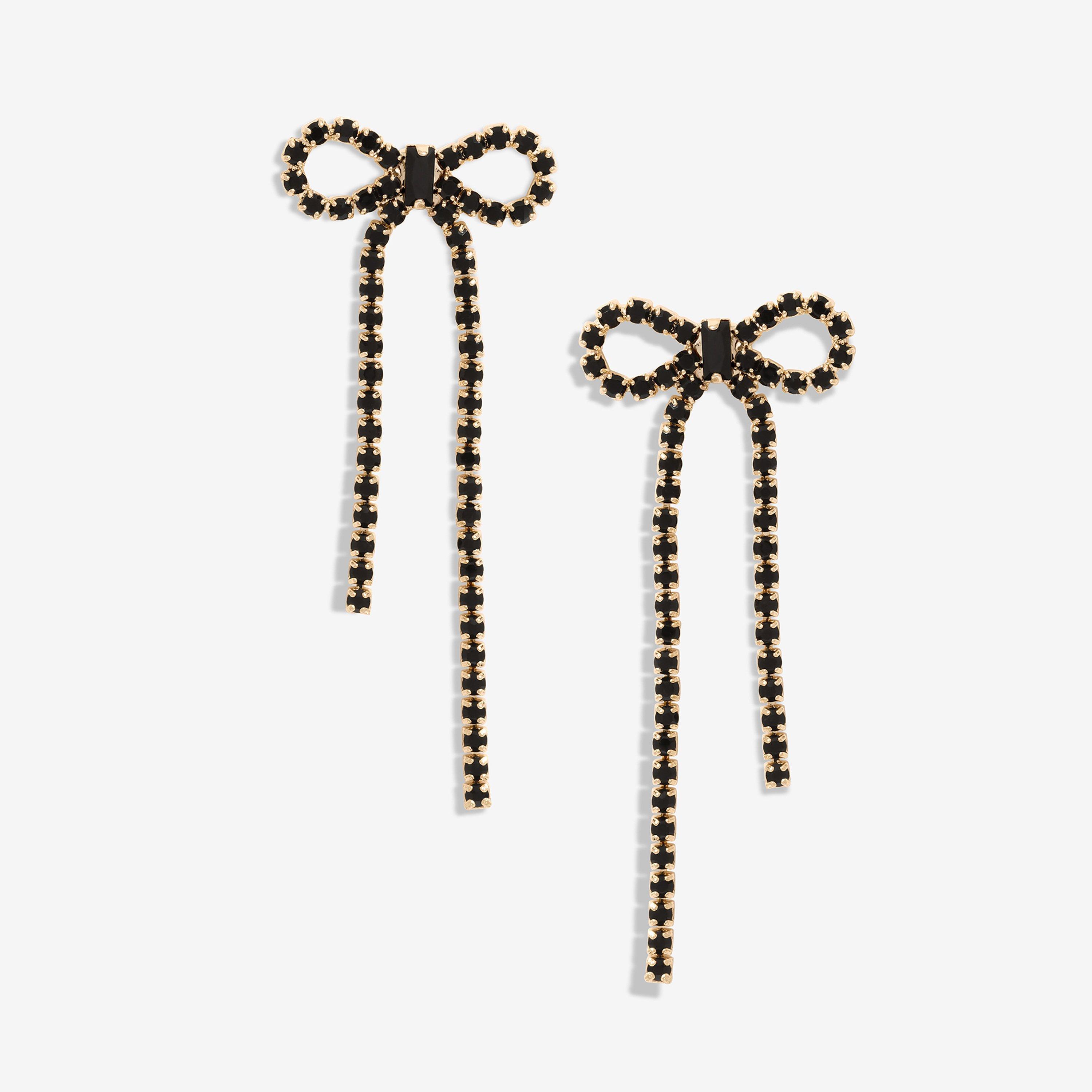 Silver - Mood - Silver Crystal Bow Drop Earrings - 1