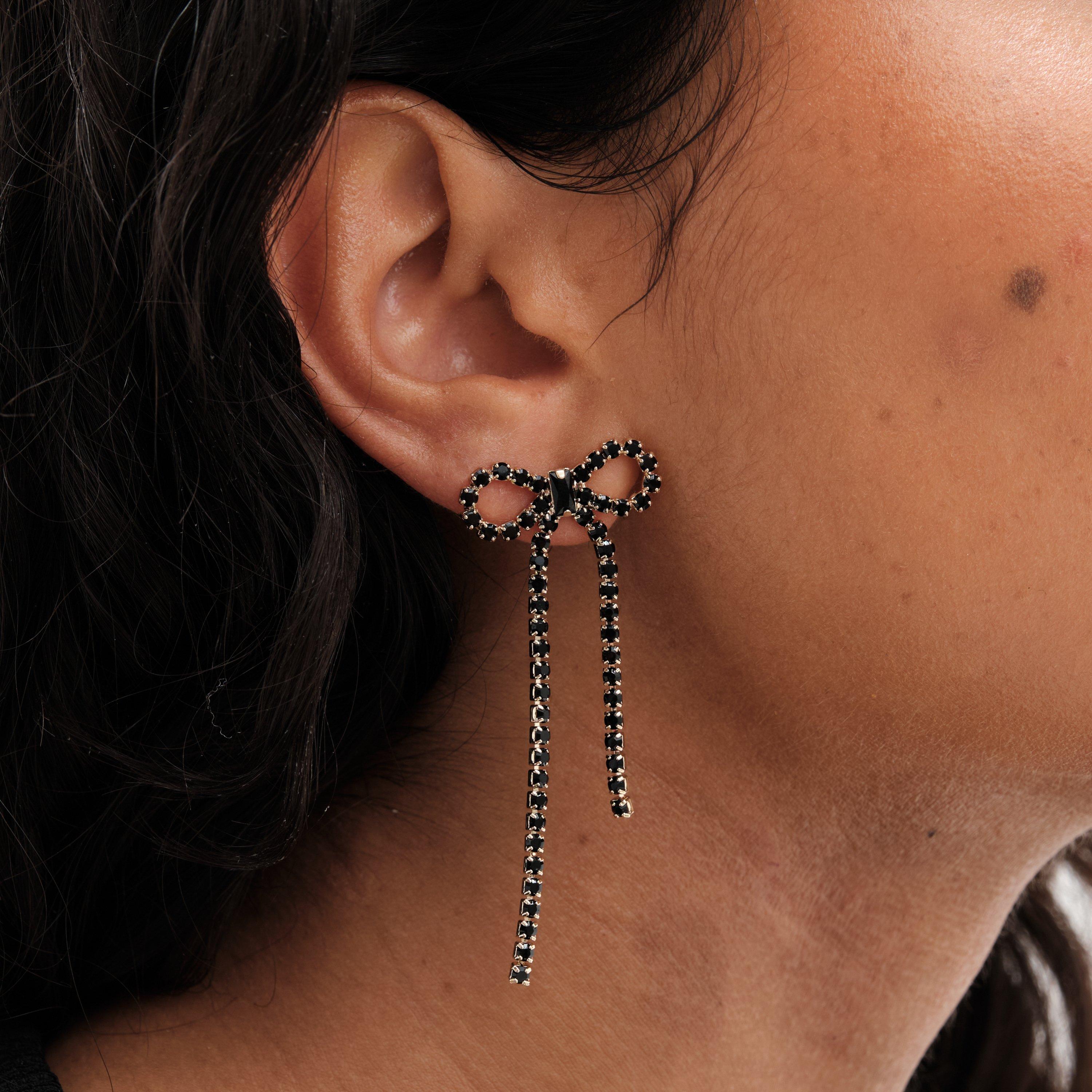 Silver - Mood - Silver Crystal Bow Drop Earrings - 2