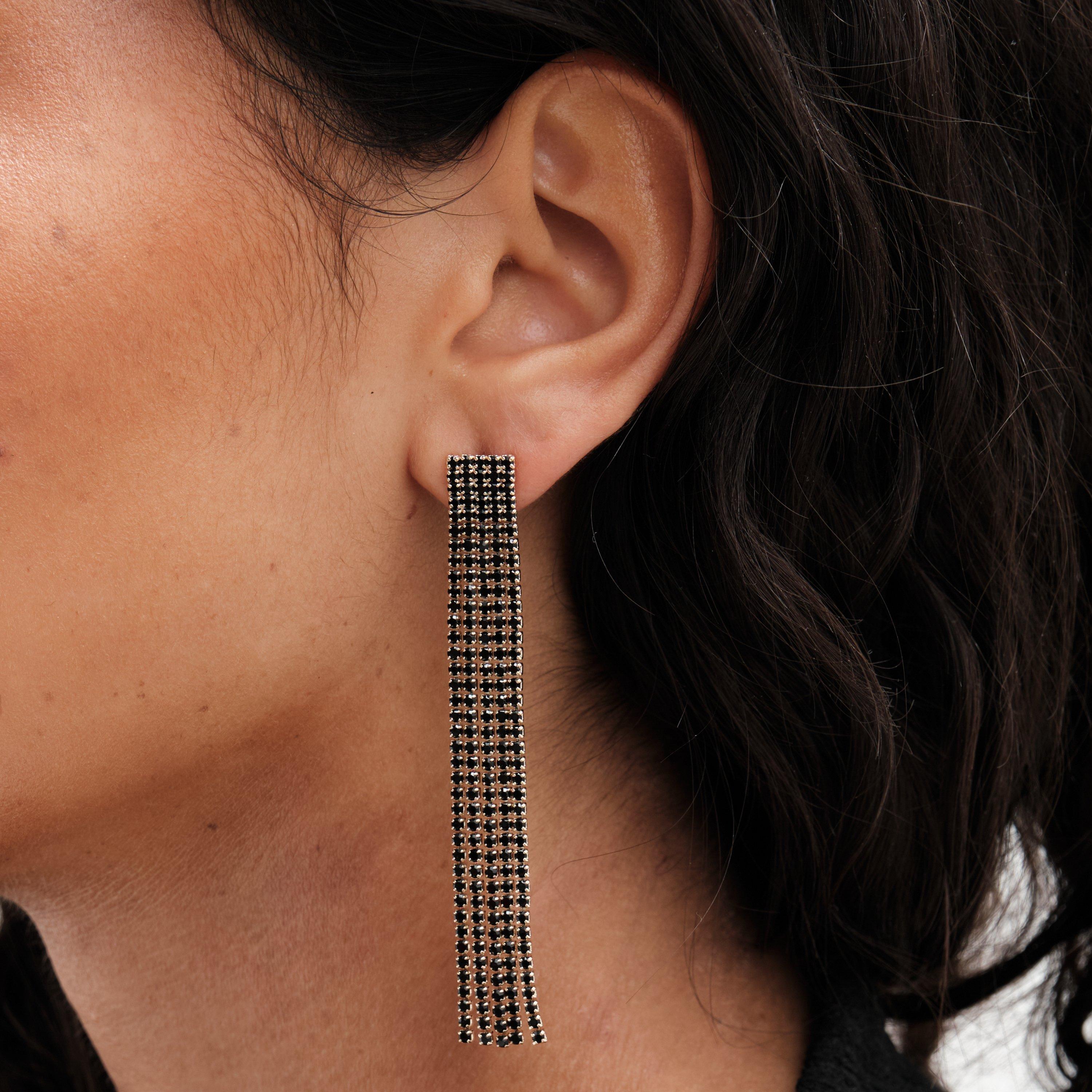 Black - Mood - Black Diamante Drop Earrings - 2