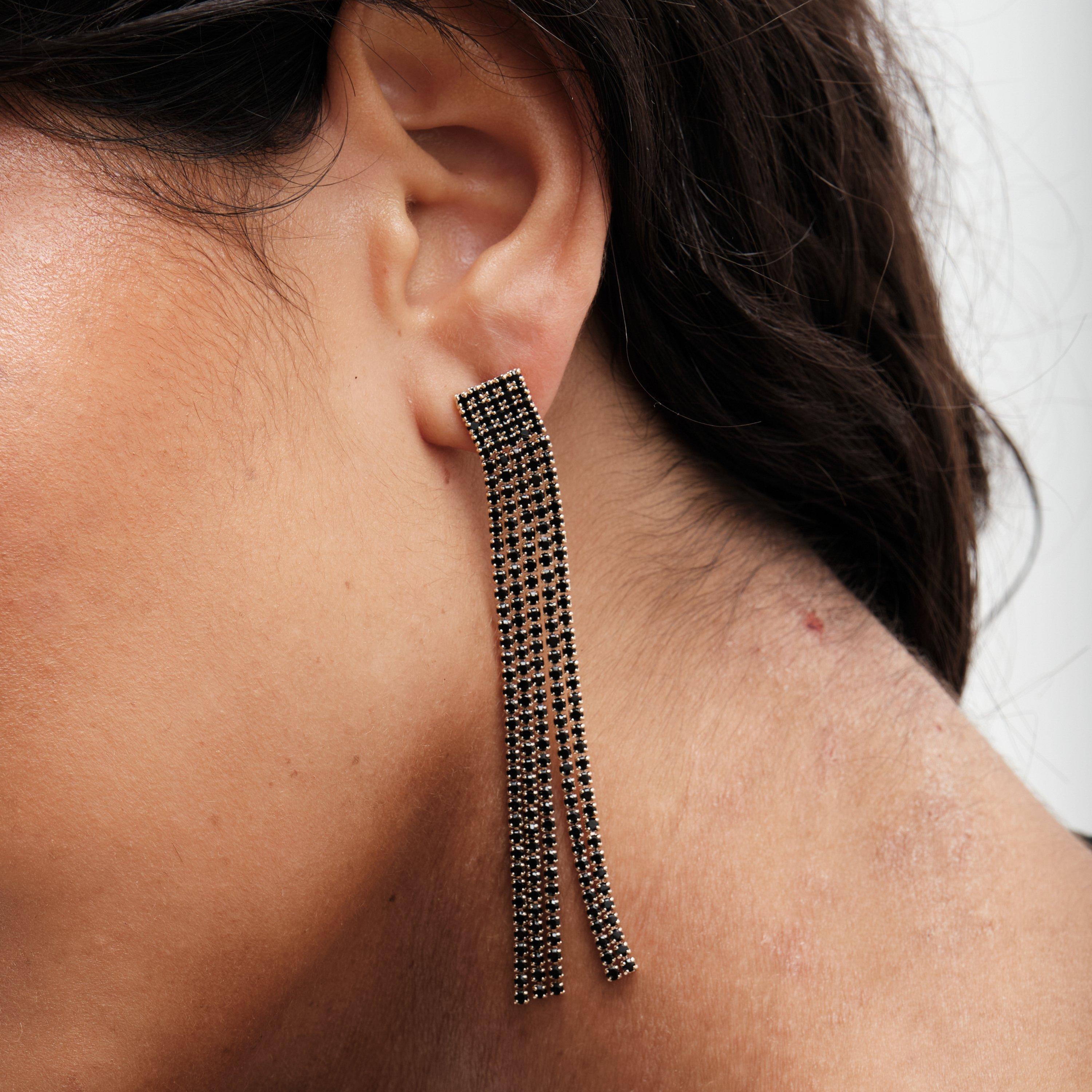 Black - Mood - Black Diamante Drop Earrings - 3