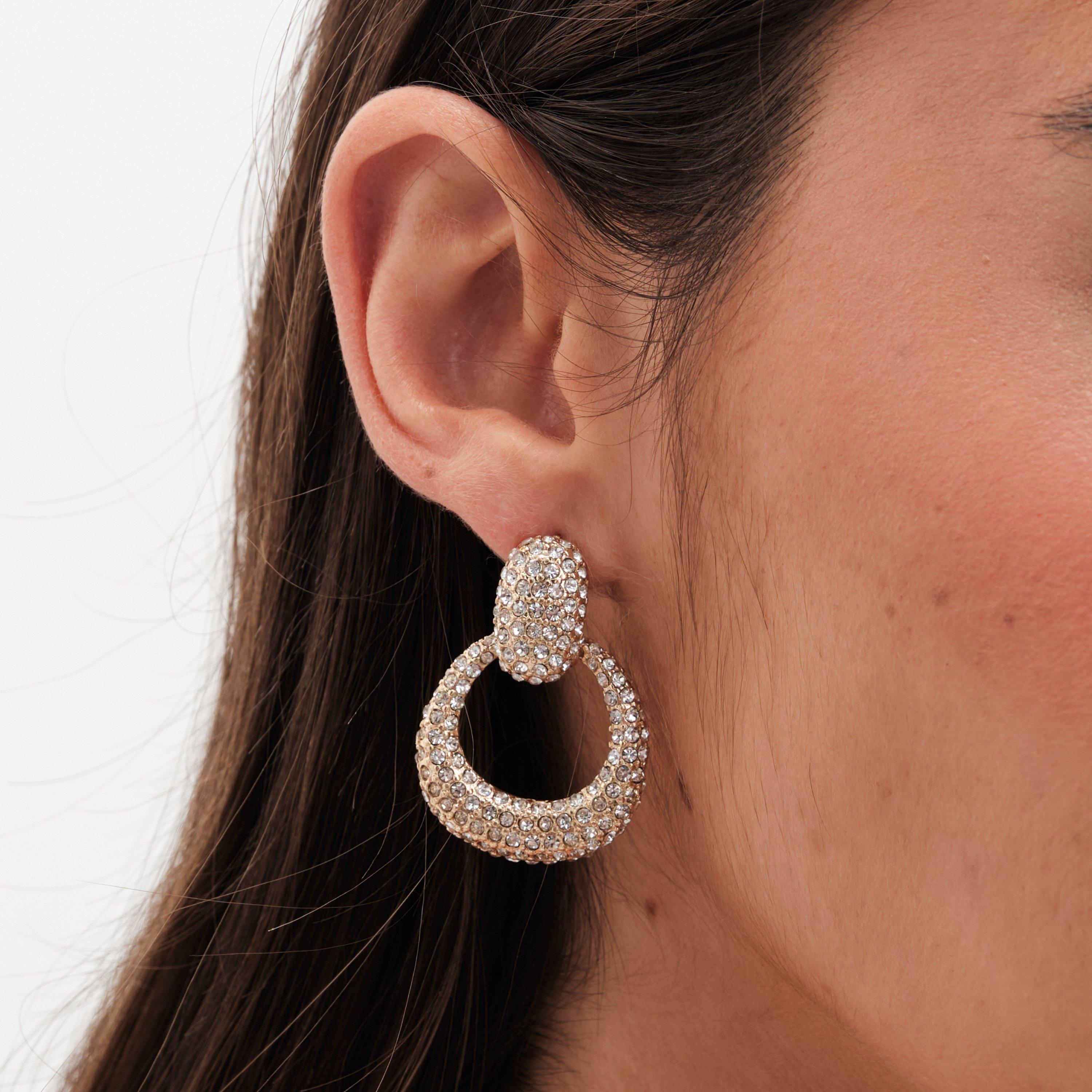 Gold - Mood - Gold Crystal Doorknocker Drop Earrings - 2