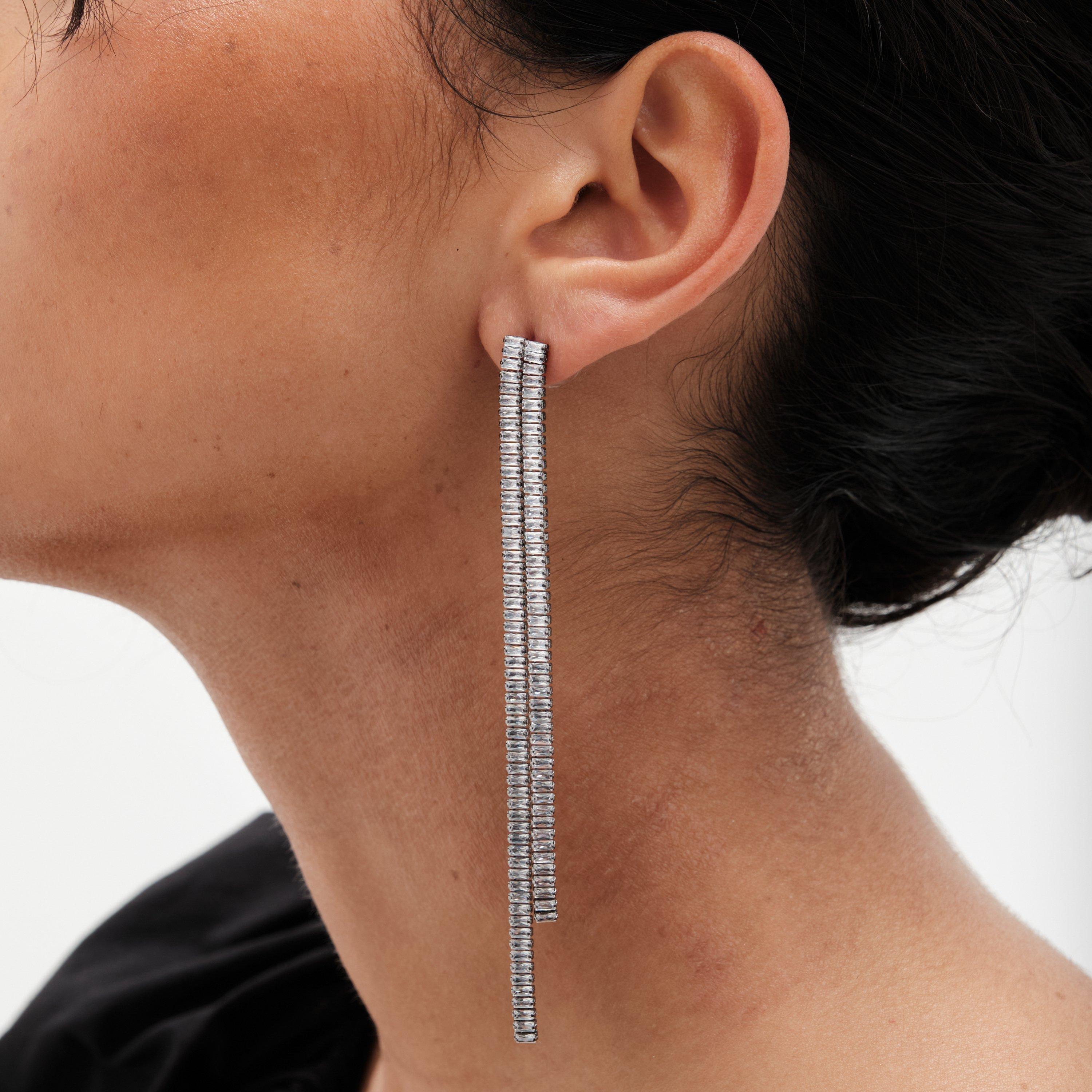 Black - Mood - Hematite Plated Crystal Linear Drop Earrings - 2