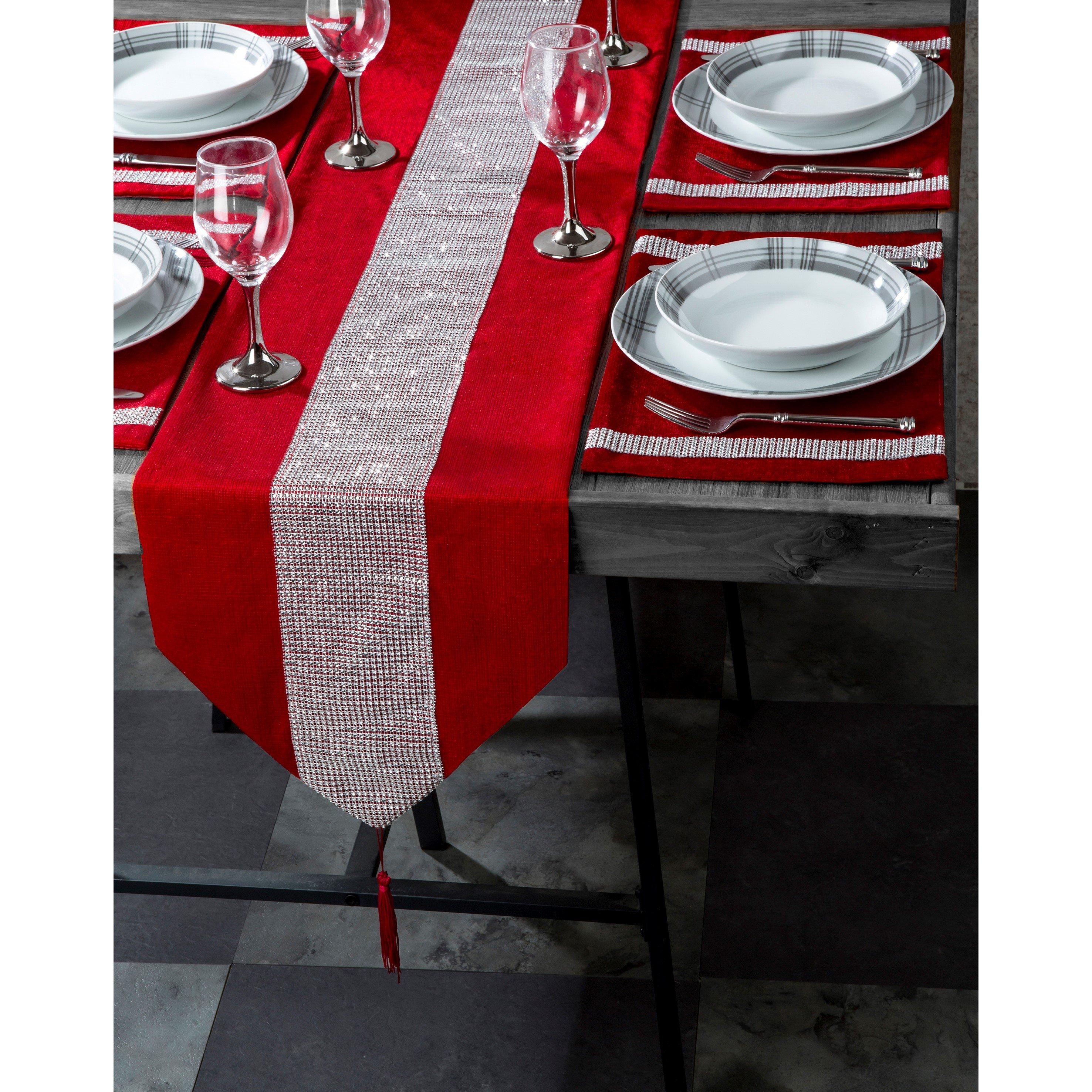 Red - Waterside - 7pc Velvet Red Dimante Runner Set - 2