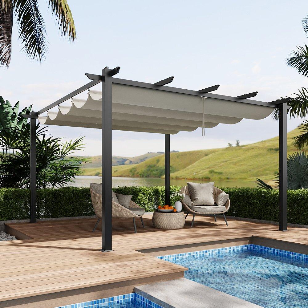Black And Beige - Breeins - 13x13ft Aluminium Pergola with Retractable Roof - 1