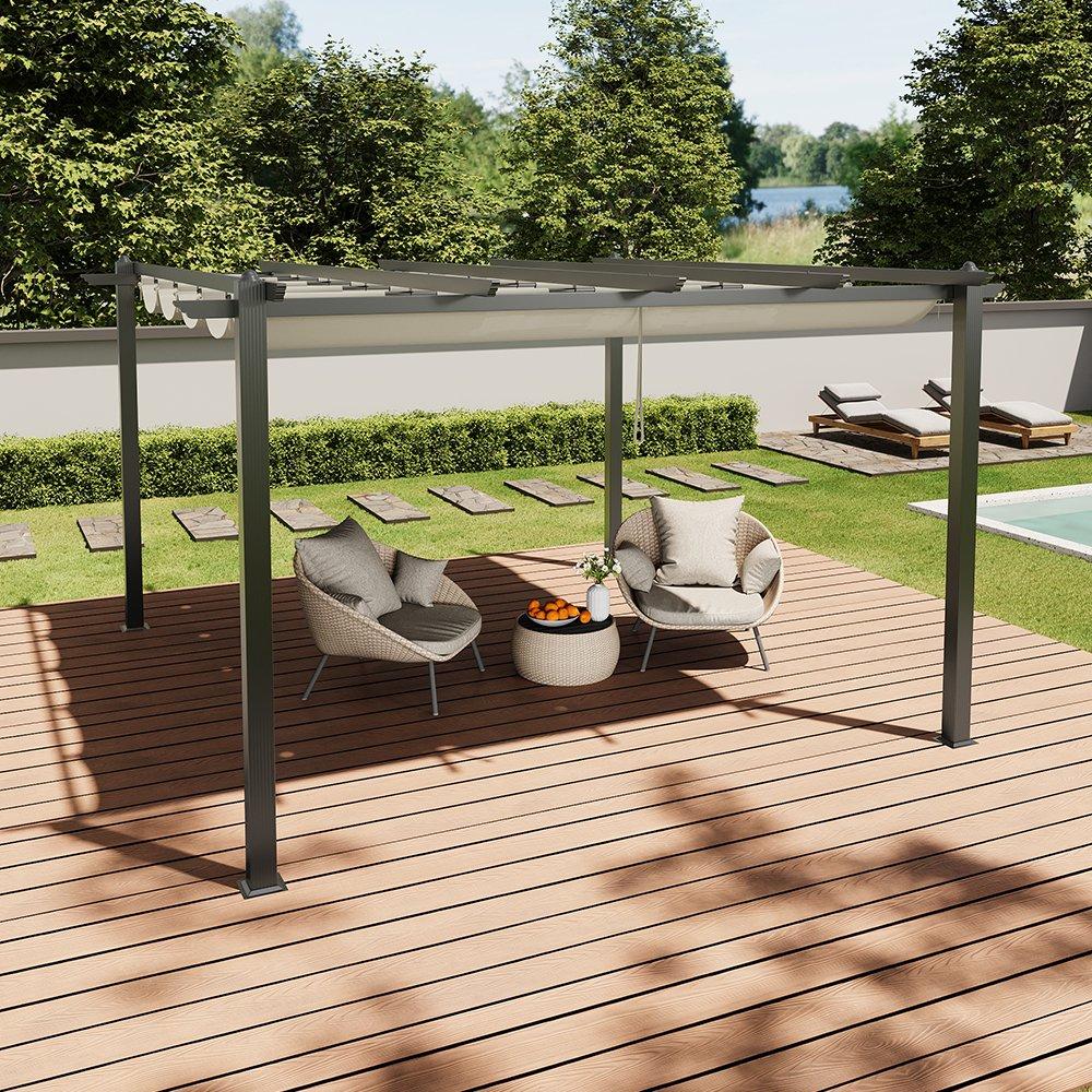 Black And Beige - Breeins - 13x13ft Aluminium Pergola with Retractable Roof - 2