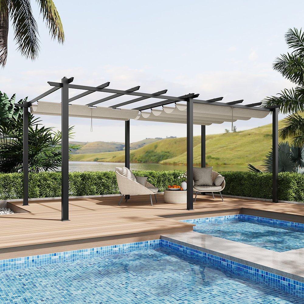 Black And Beige - Breeins - 10x20ft Aluminium Pergola with Retractable Roof - 1