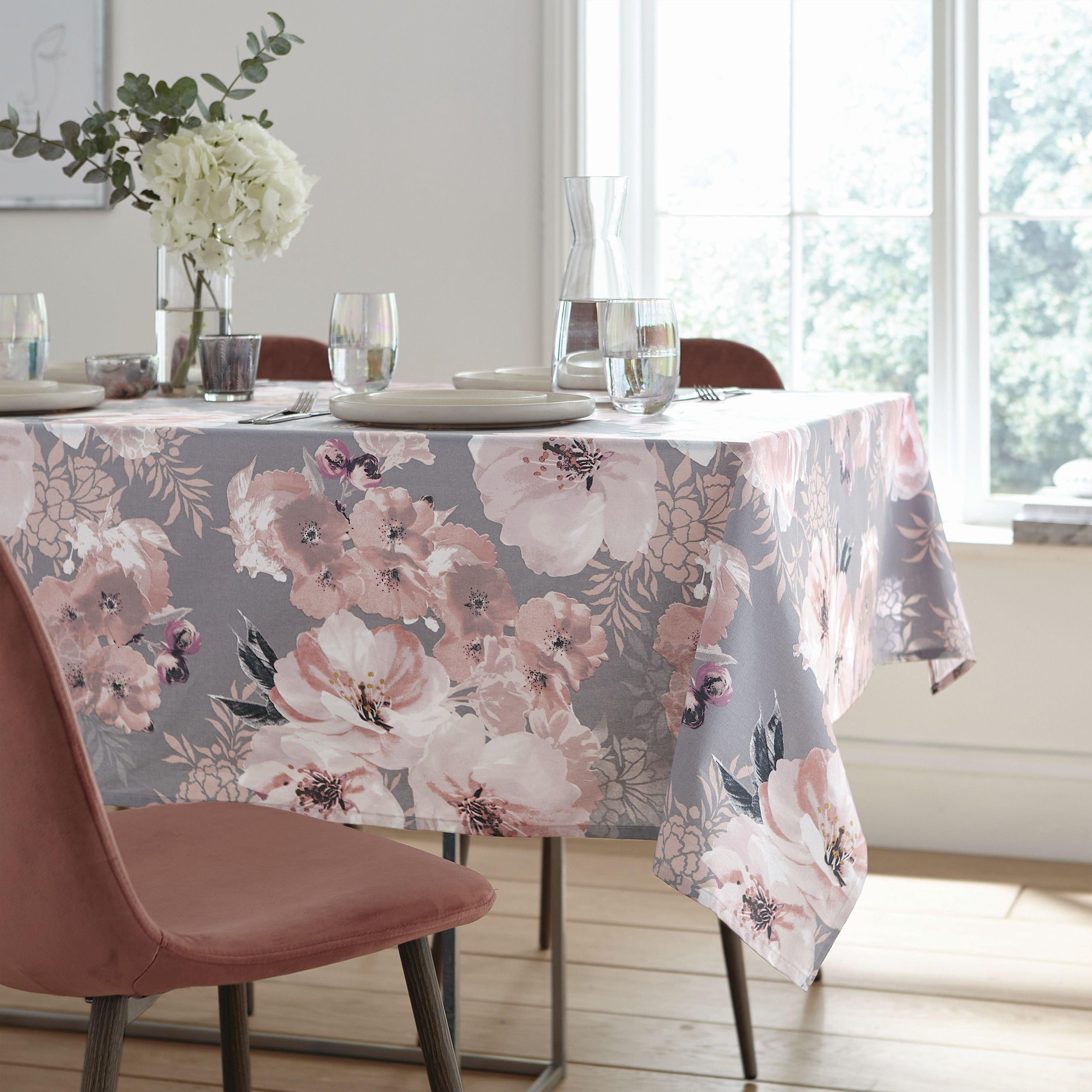 Catherine Lansfield  Dramatic Floral Cotton Table Cloth - Grey - 137x229cm