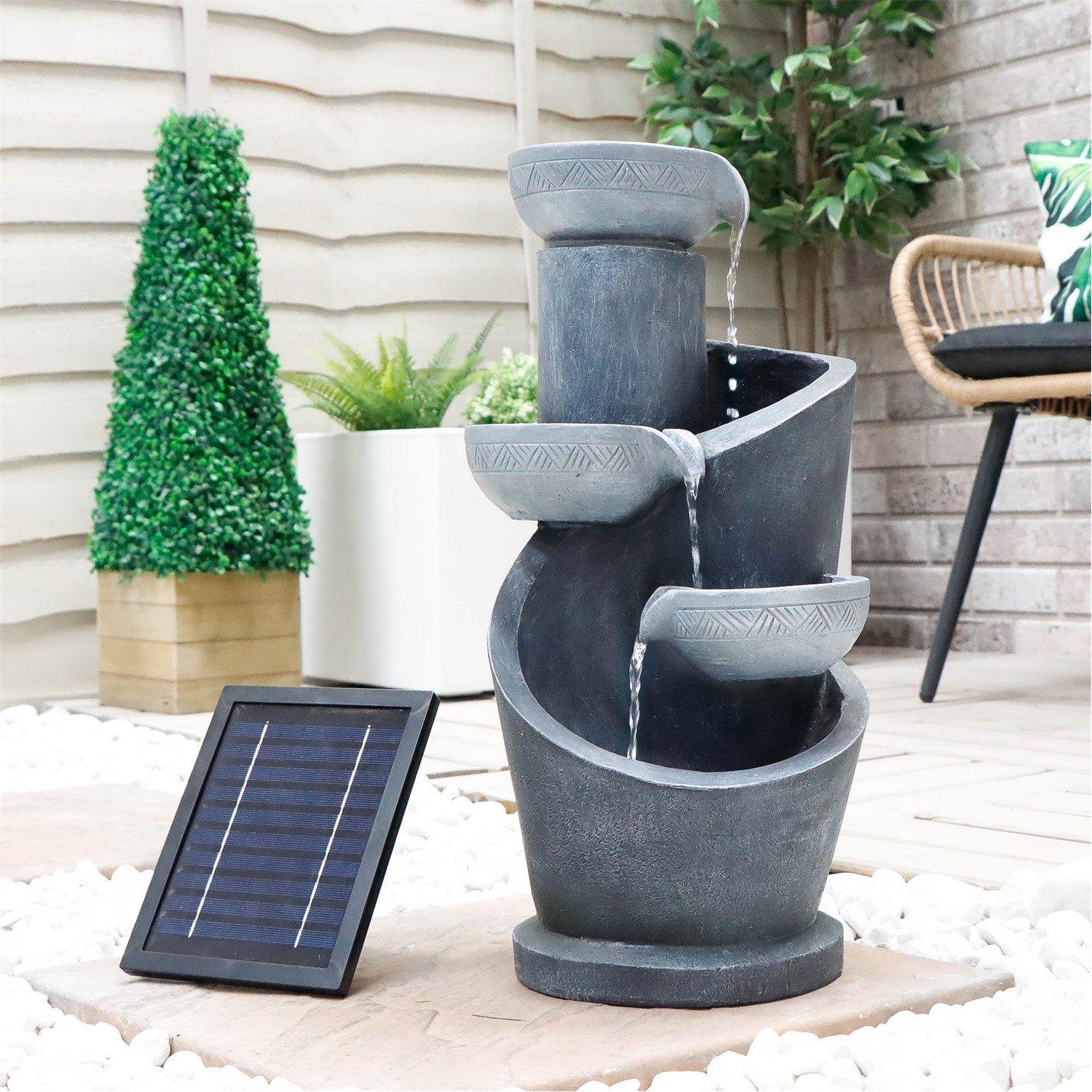 Grey - Streetwize - Solar Water Feature with Battery Backup - Tiered Slate-Effect Cascade - 1