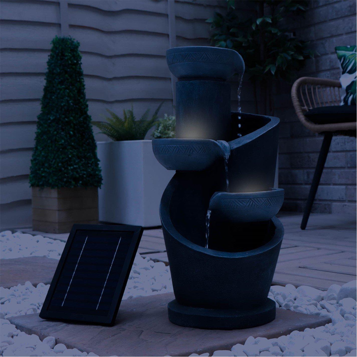 Grey - Streetwize - Solar Water Feature with Battery Backup - Tiered Slate-Effect Cascade - 5