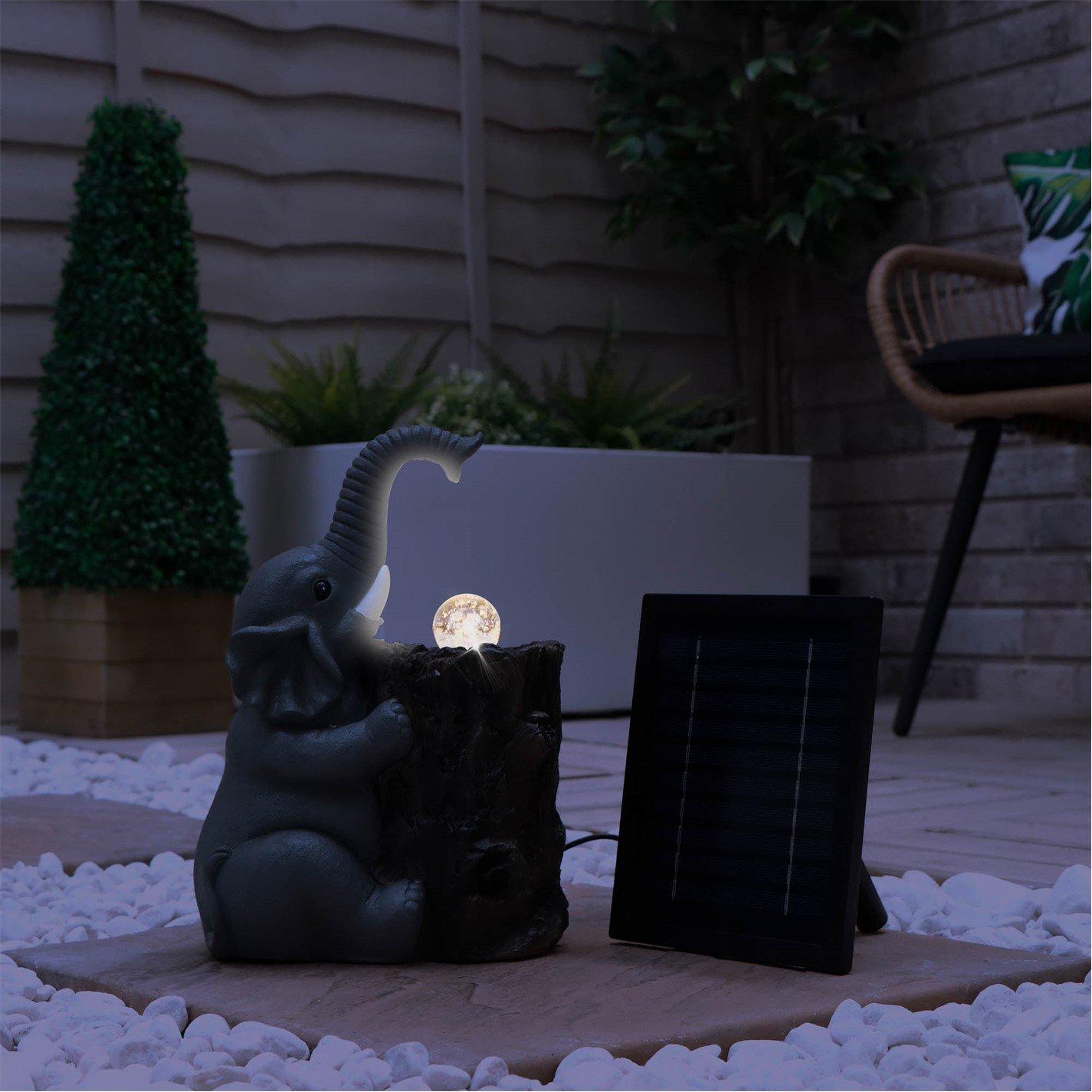 Grey - Streetwize - Solar Water Feature with Battery Backup - Elephant with Ball - 5