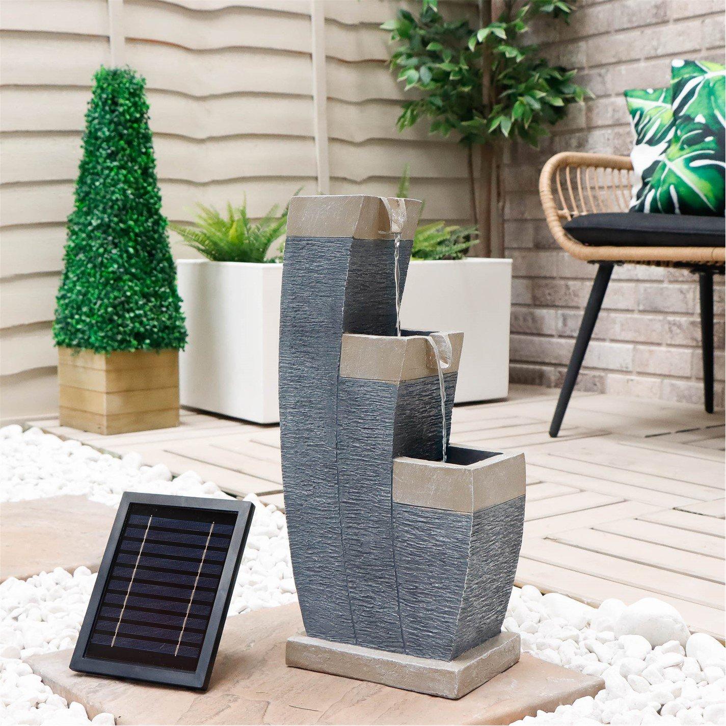 Grey - Streetwize - Solar Water Feature with Battery Backup - Three-Tier Fountain - 1