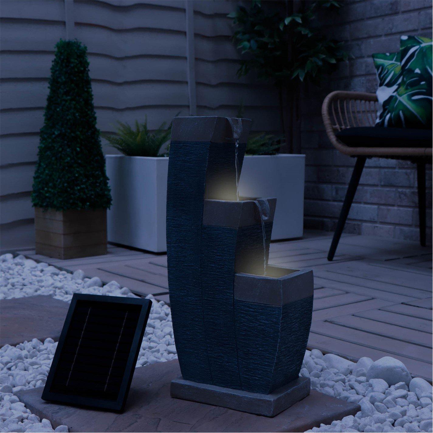 Grey - Streetwize - Solar Water Feature with Battery Backup - Three-Tier Fountain - 5