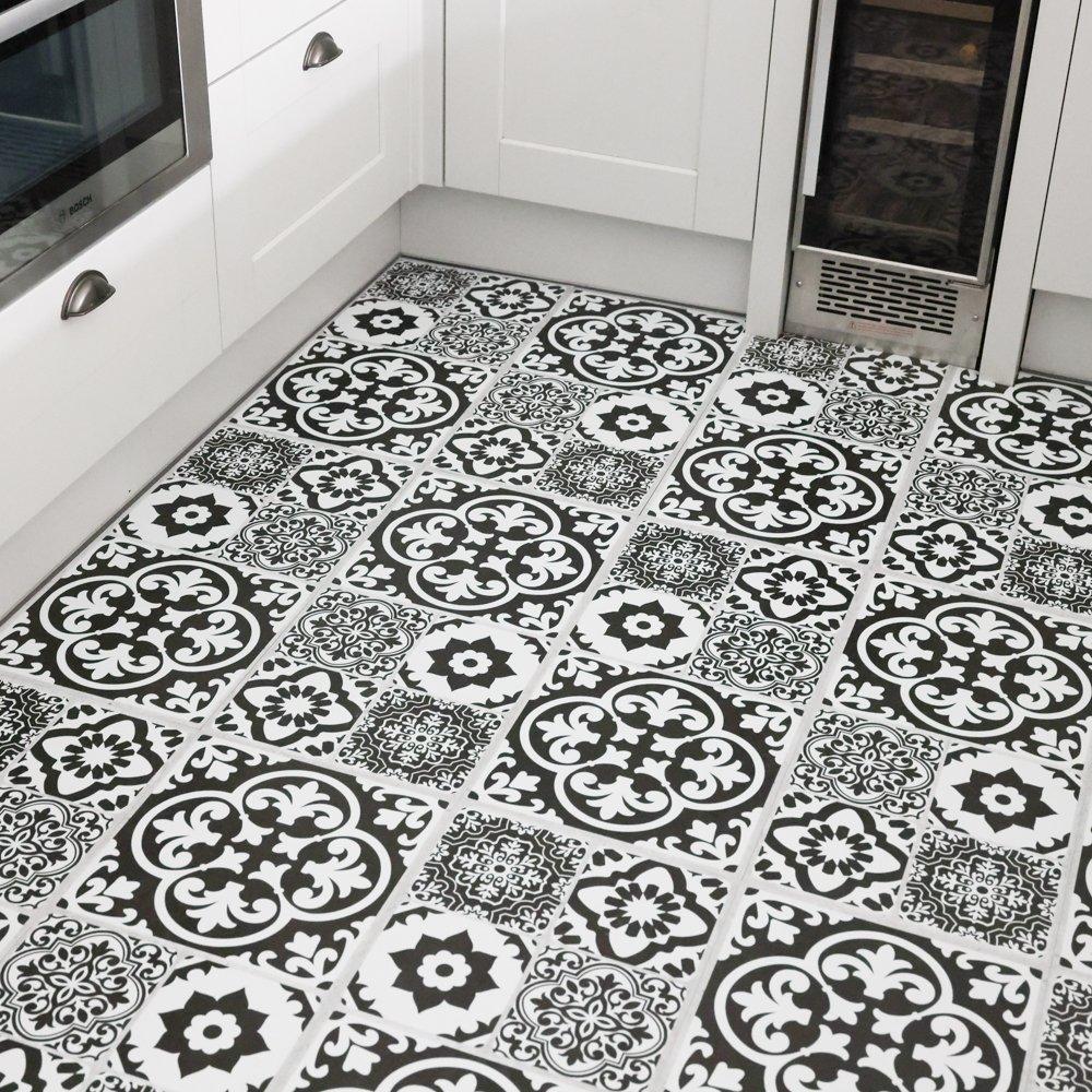 Floor Pops  Self Adhesive Vinyl Floor Tiles Valencia Charcoal - Black & White - 2.23 SQM