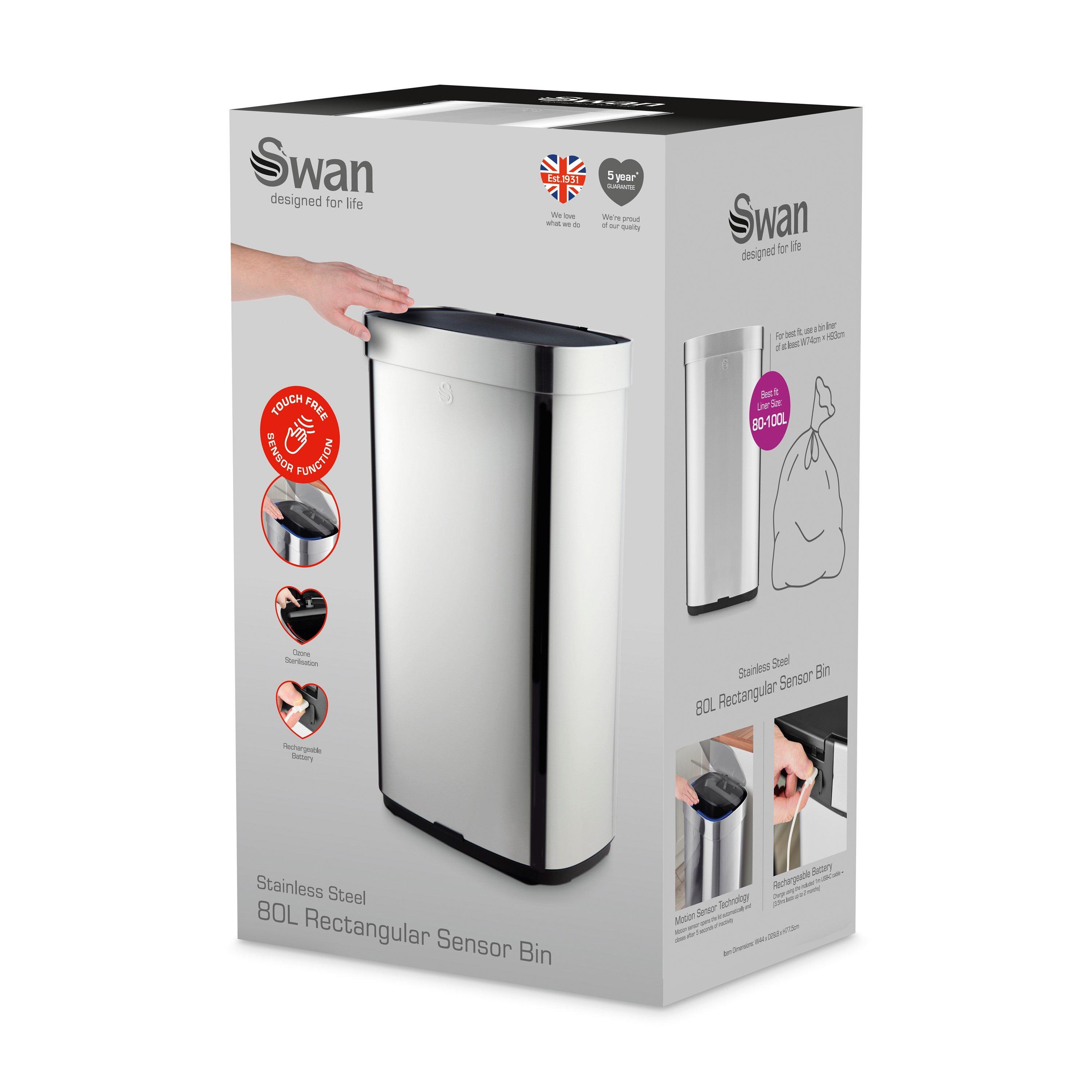 Stainless Steel - Swan - 80L Rechargeable Rectangular Sensor Bin - 9