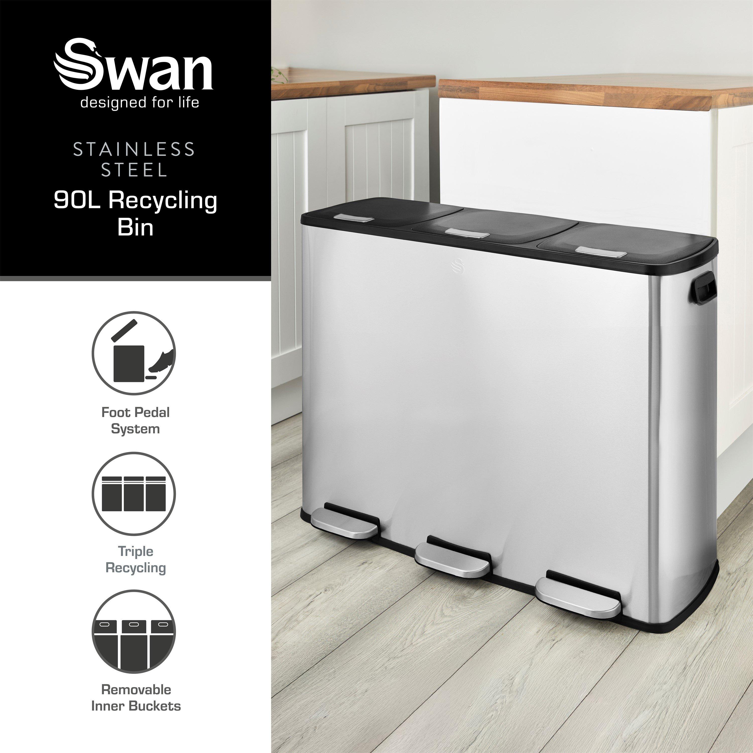 Stainless Steel - Swan - 90L Recycling Bin 3x30L - 2