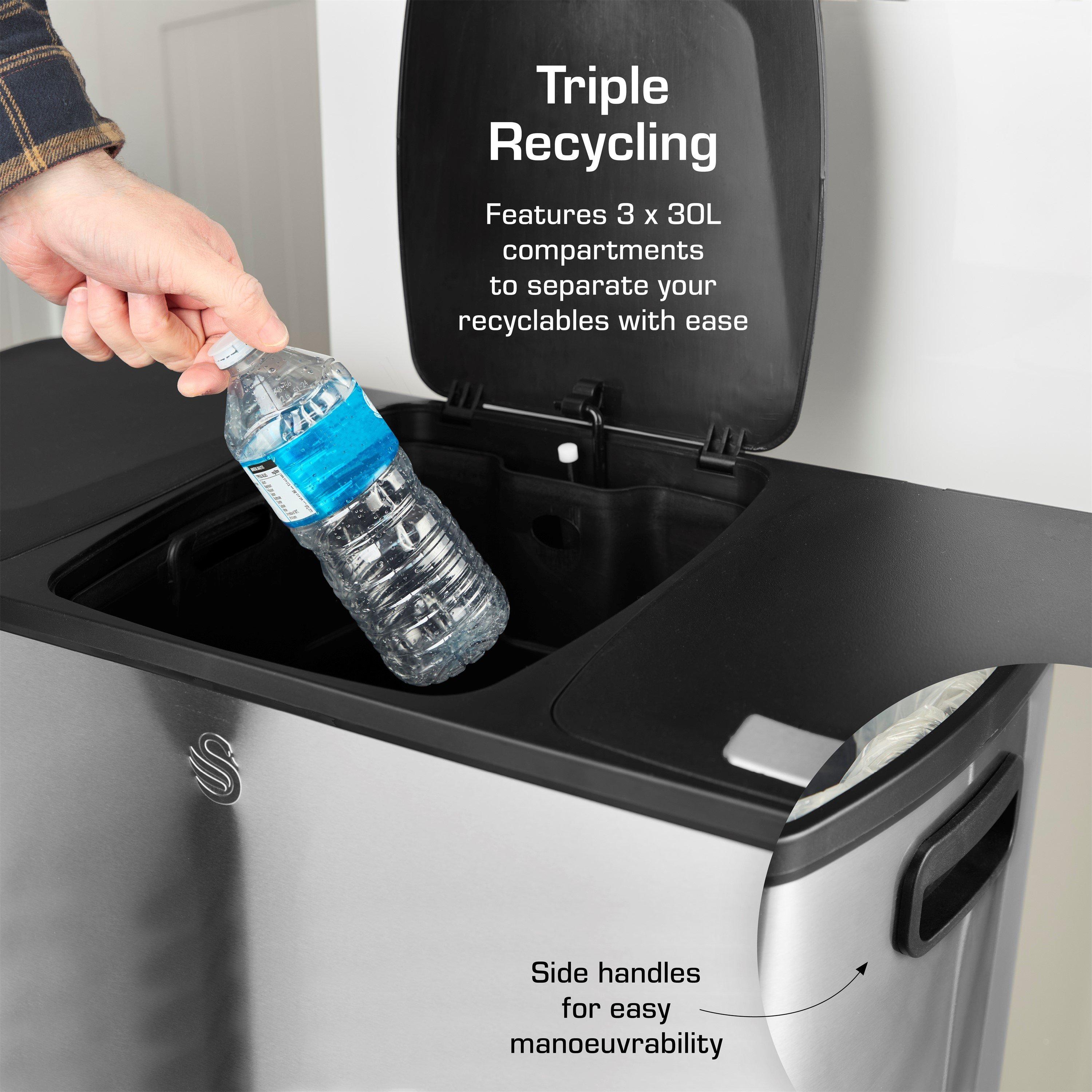 Stainless Steel - Swan - 90L Recycling Bin 3x30L - 3