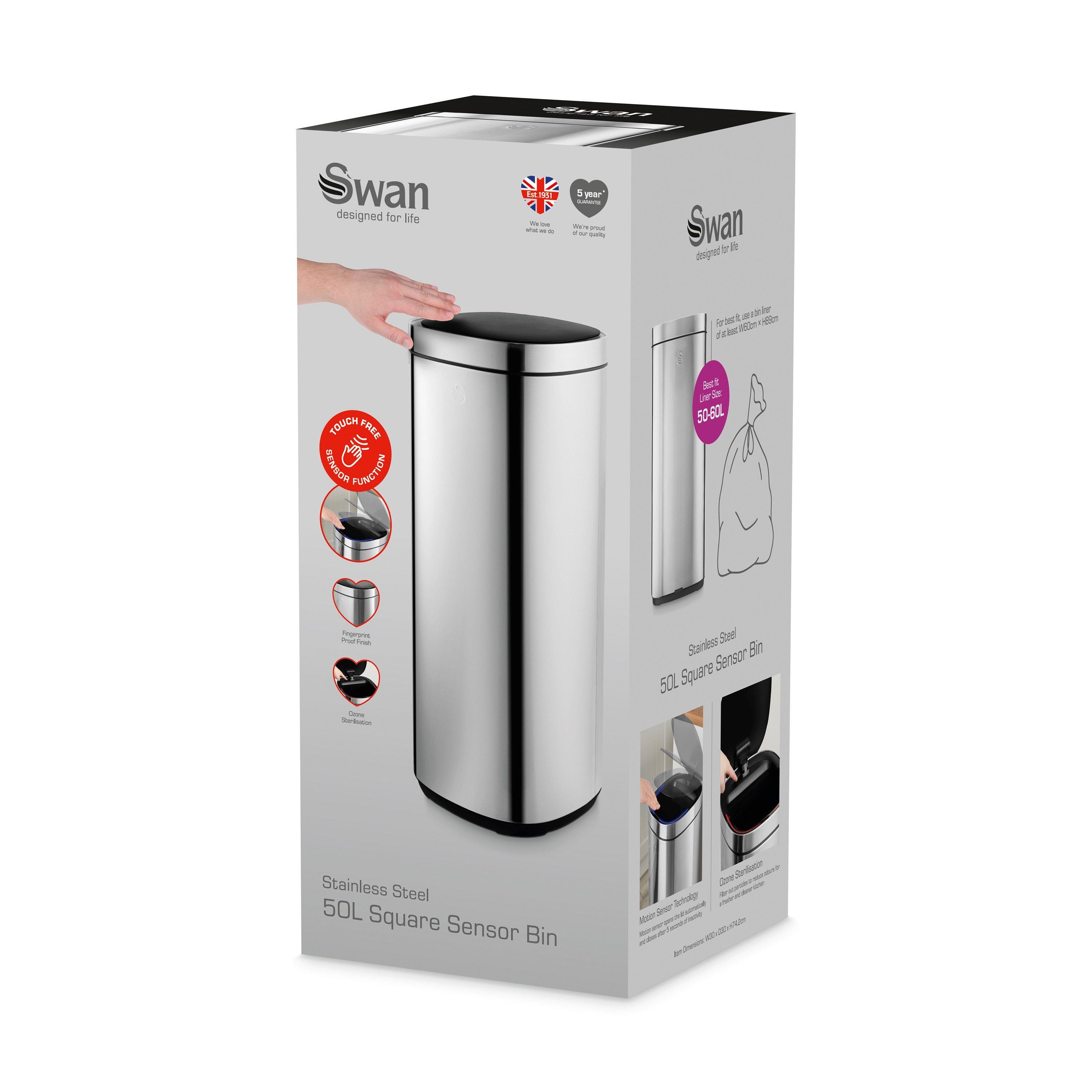 Stainless Steel - Swan - 50L Square Sensor Bin - 9