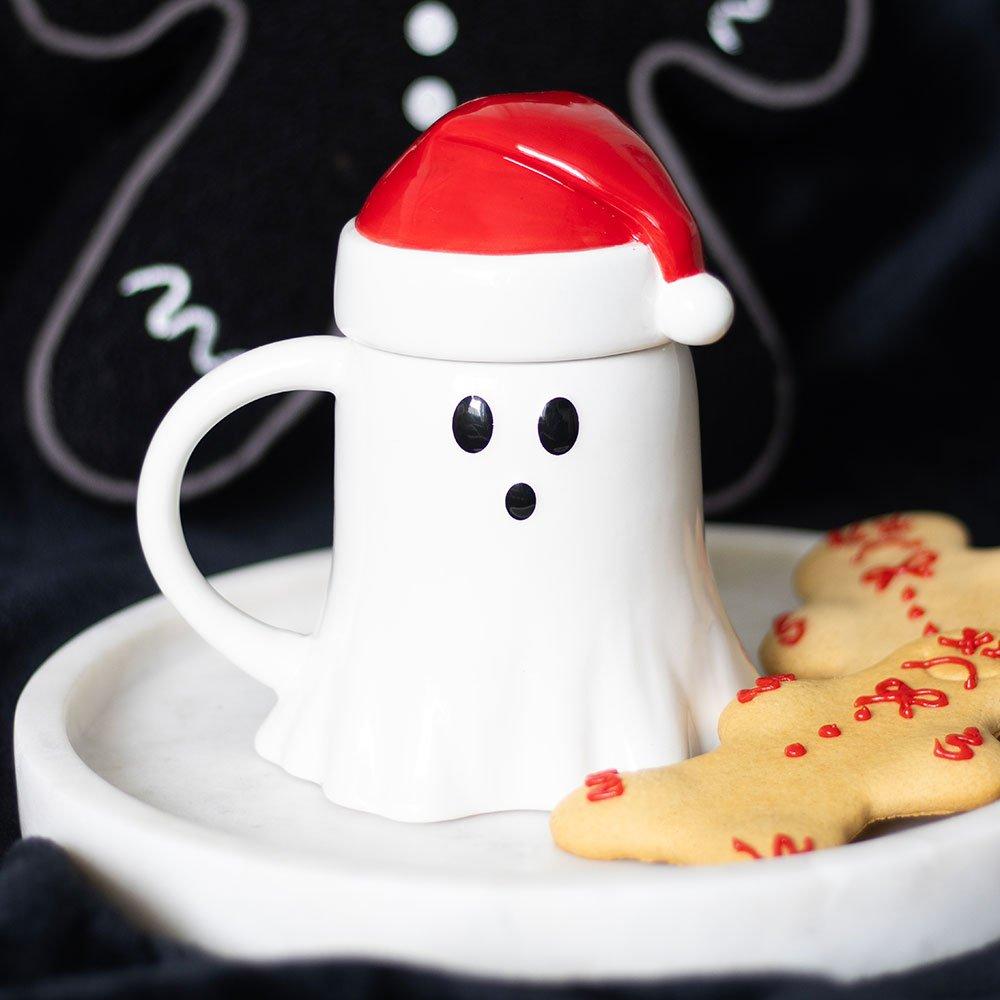 Something Different  Ghost Shaped Mug With Santa Hat Lid - White