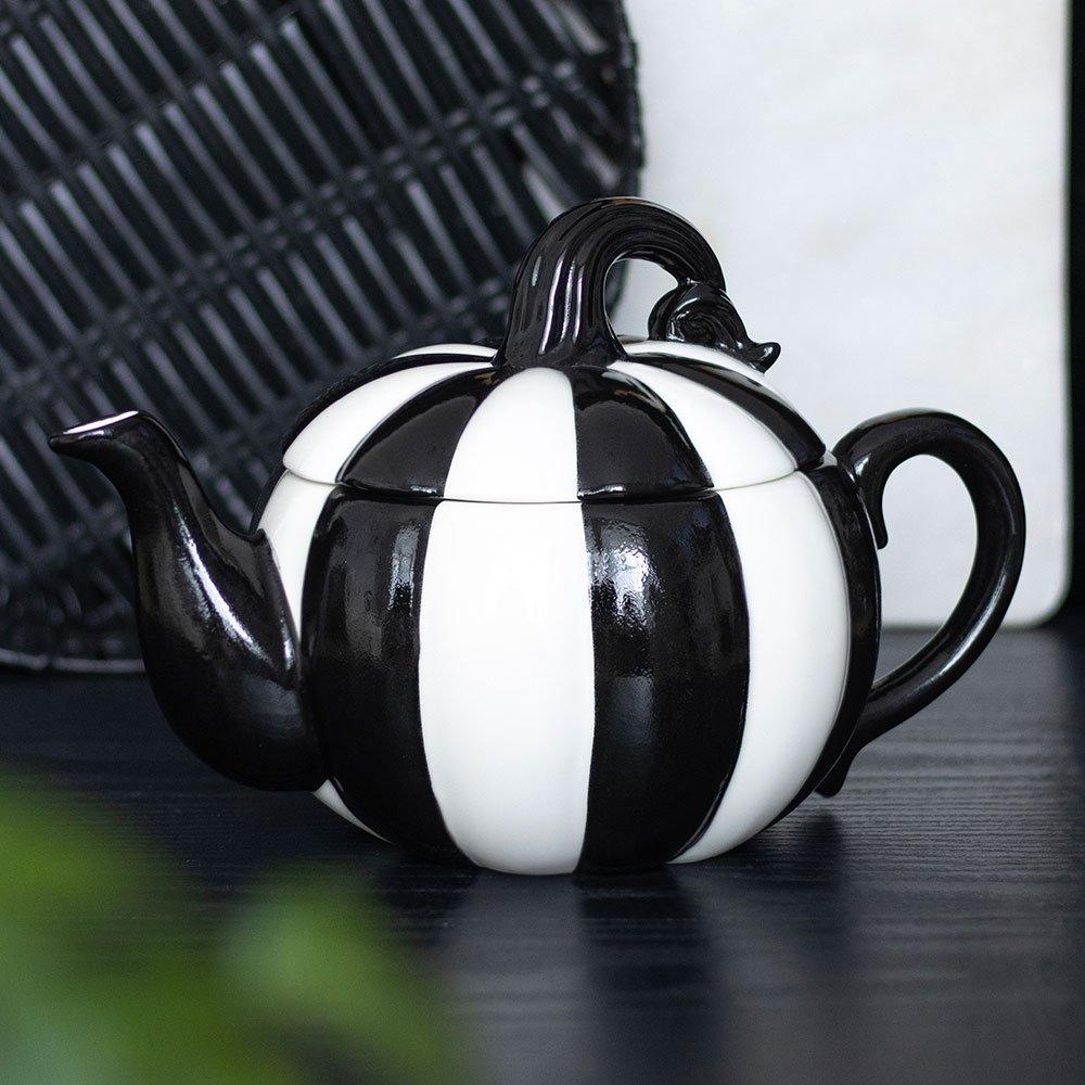 Black - Something Different - Black and White Striped Pumpkin Teapot - 1
