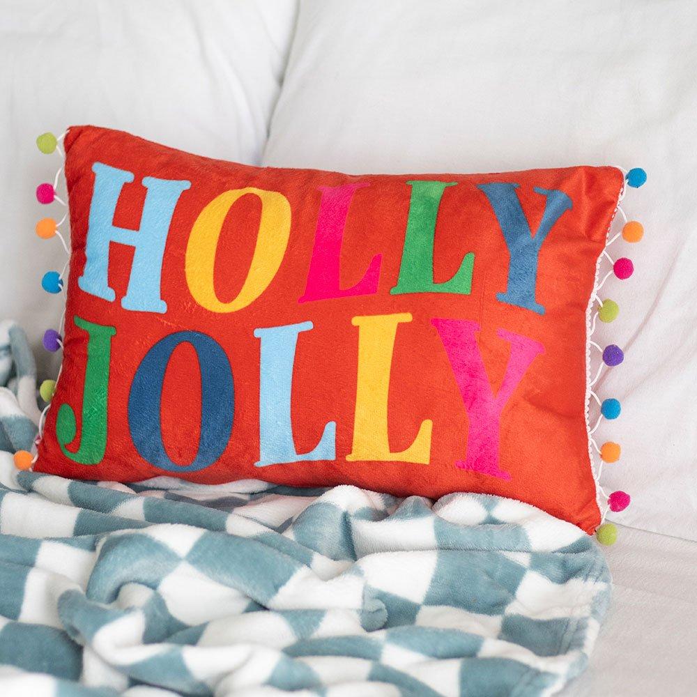 Something Different Red Holly Jolly Cushion with Pom Poms