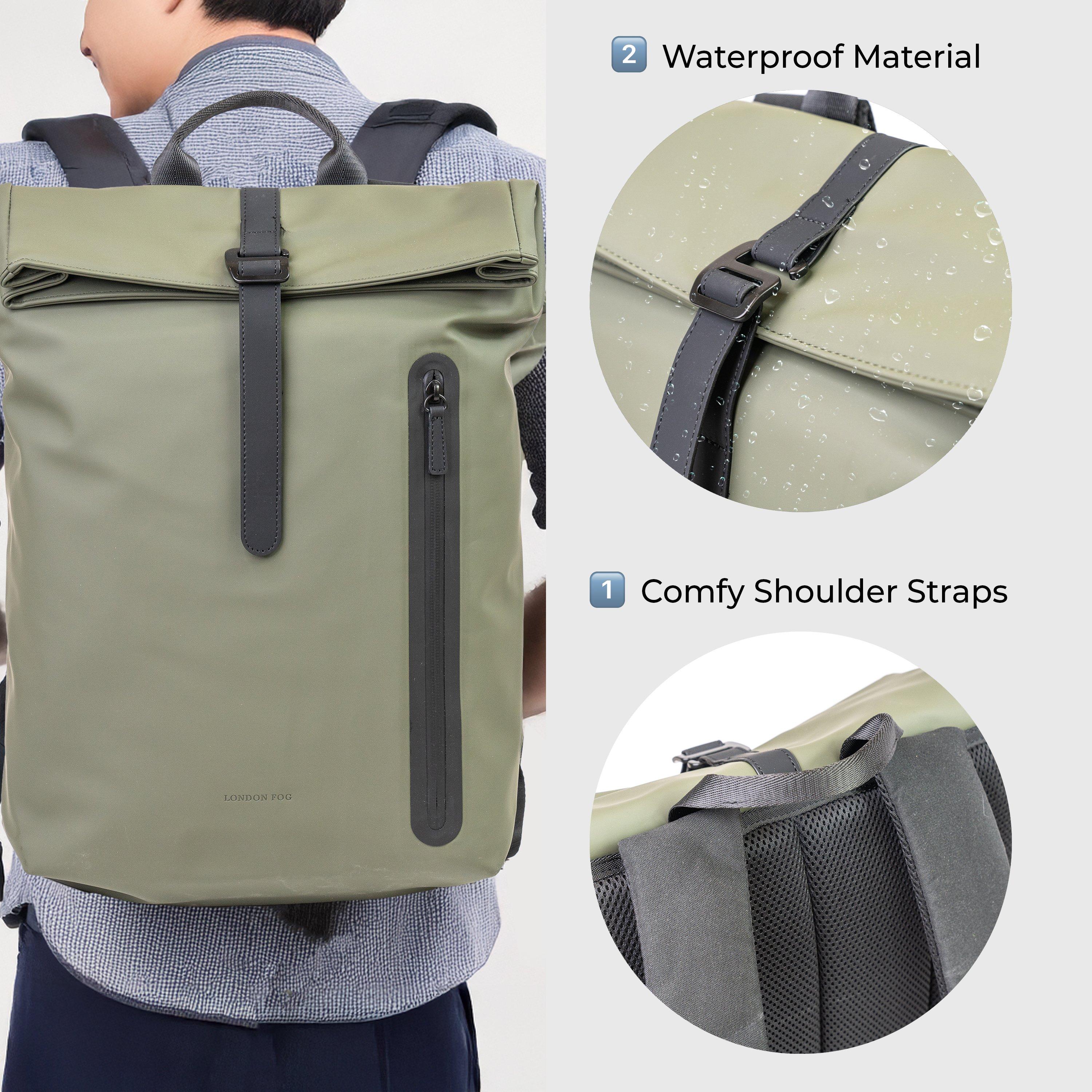 Olive Lfb001-08 - London Fog - Roll-Top Laptop Backpack Tablet Bag Organiser - 5