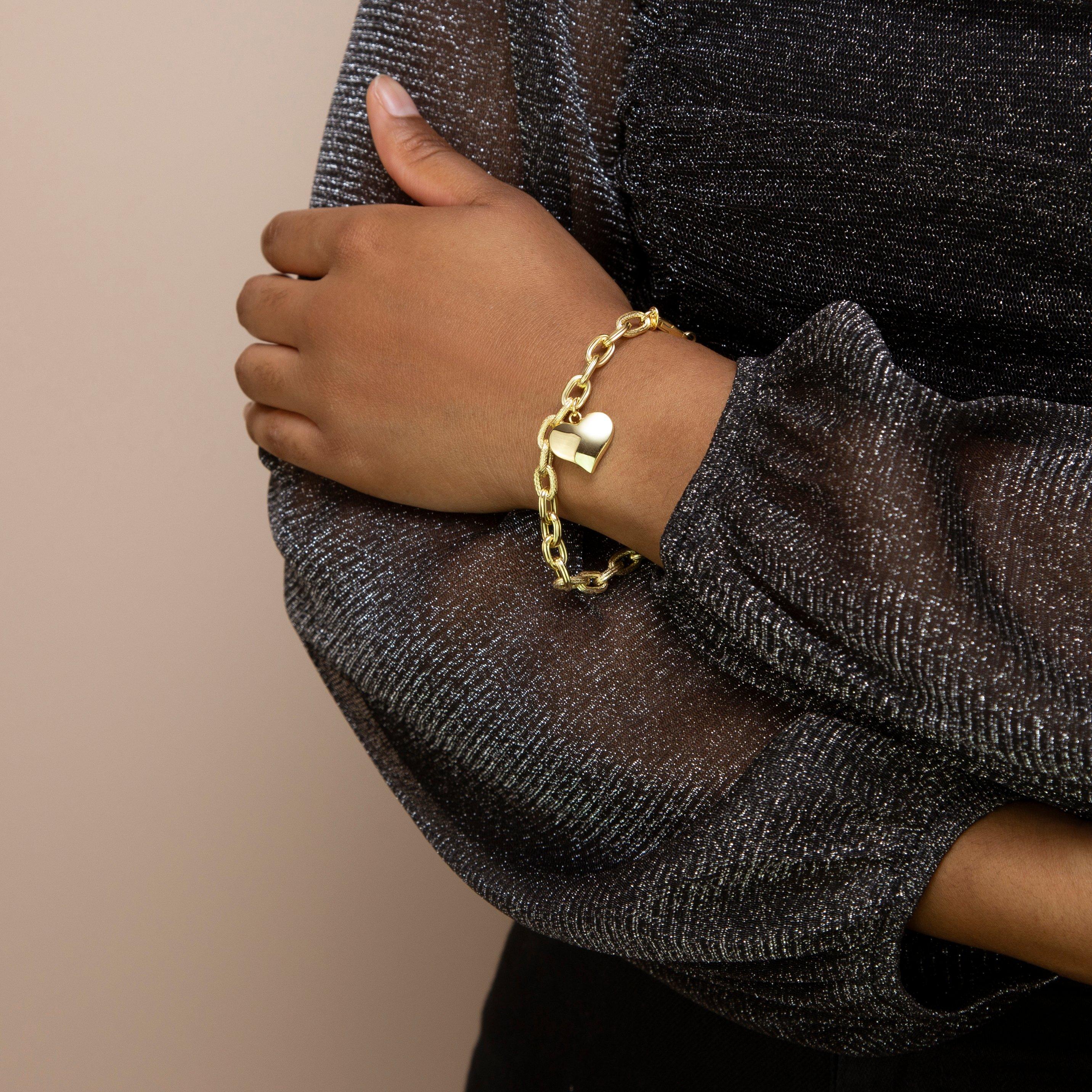 Yellow Gold - Be You - 9ct Gold Textured Oval Bracelet with Heart Charm - 2