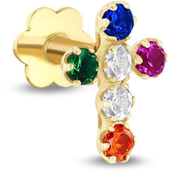 Yellow Gold - Be You - 9ct Gold Multi Coloured CZ Cross Labret Stud - 1