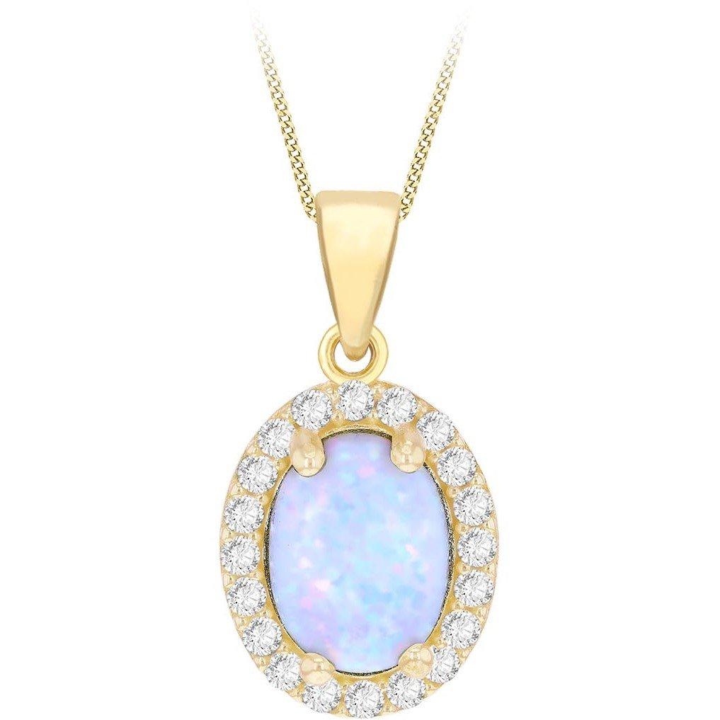 Yellow Gold - Be You - 9ct Gold Oval Synhetic Opal Halo with CZ Necklace - 1