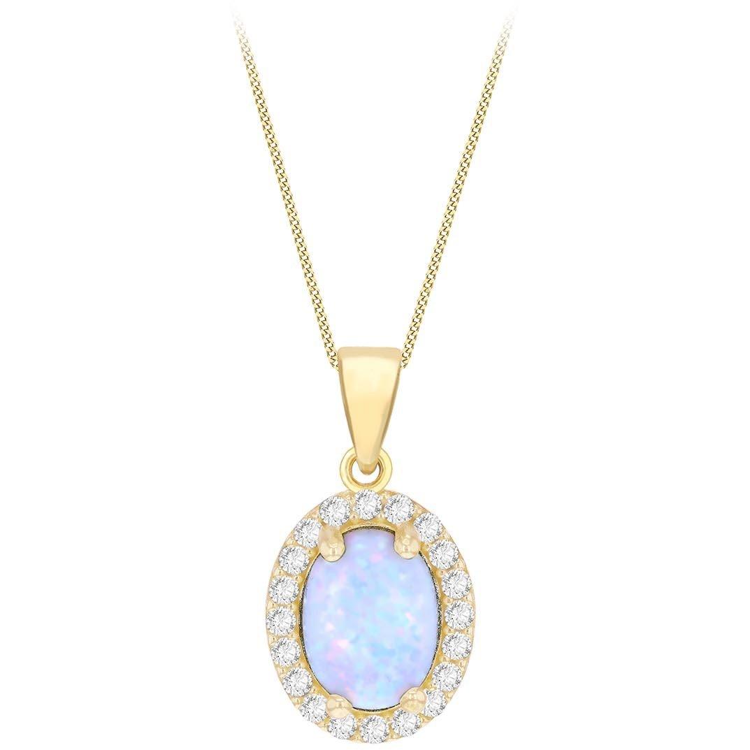 Yellow Gold - Be You - 9ct Gold Oval Synhetic Opal Halo with CZ Necklace - 2