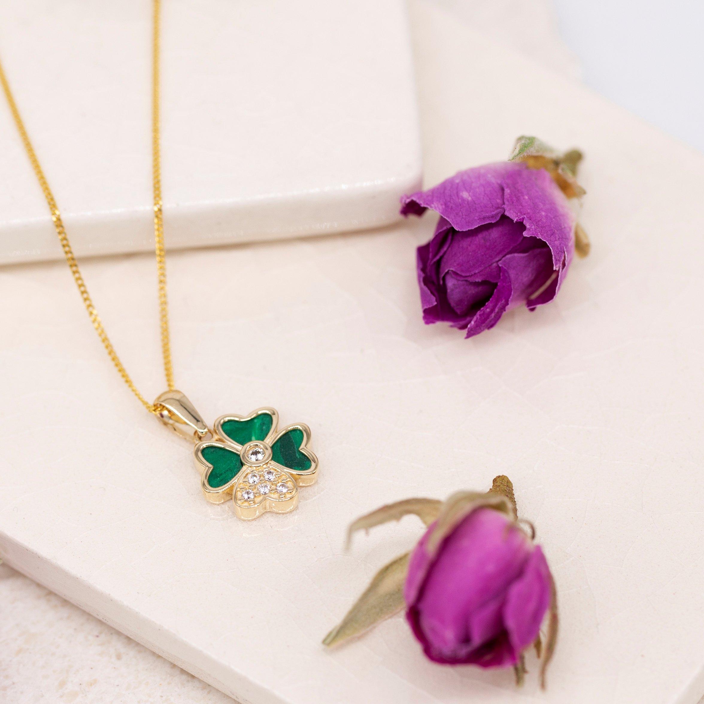 Yellow Gold - Be You - 9ct Gold Synthetic Malachite CZ Flower Necklace - 4