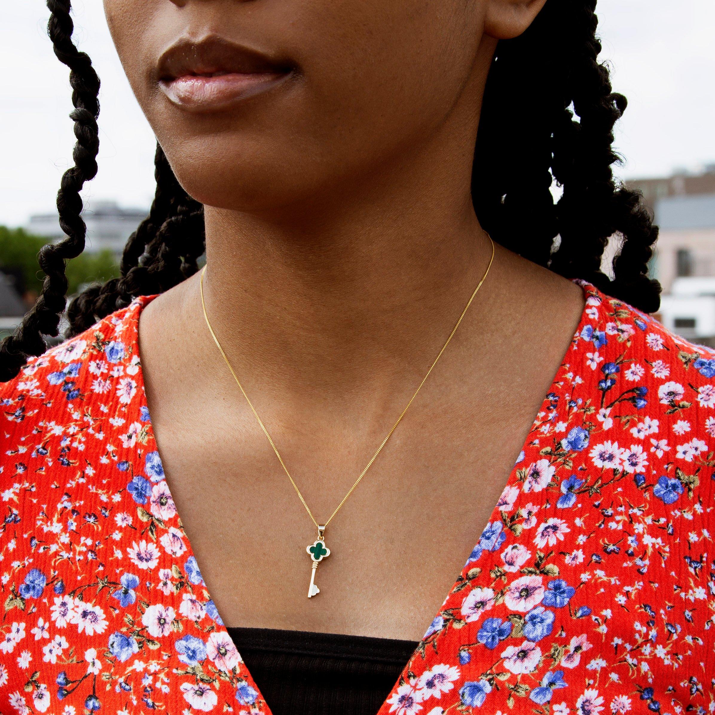 Yellow Gold - Be You - 9ct Gold Malachite Clover Key Necklace - 2