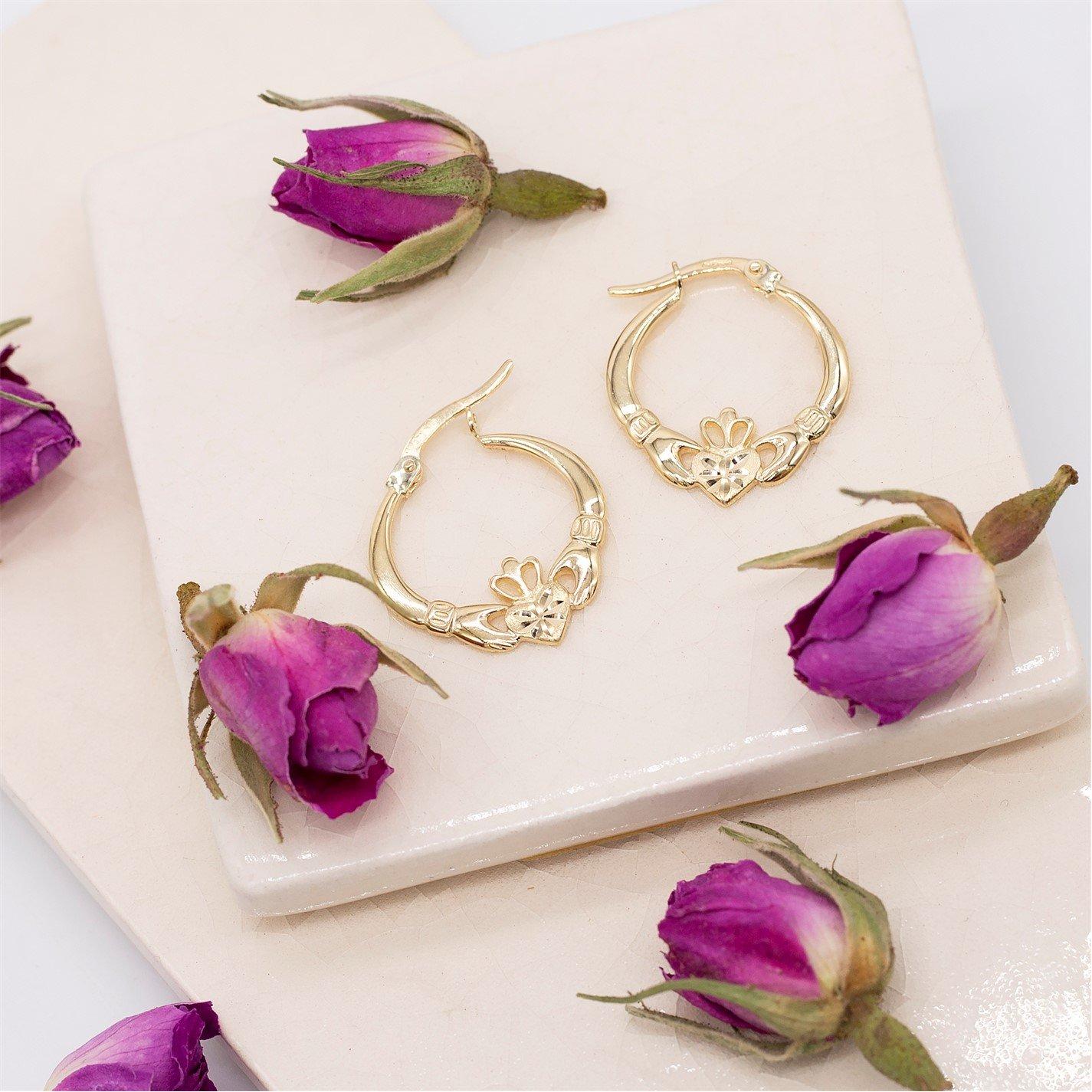 Yellow Gold - Be You - 9ct Gold Diamond Cut Claddagh Creole Earring - 3