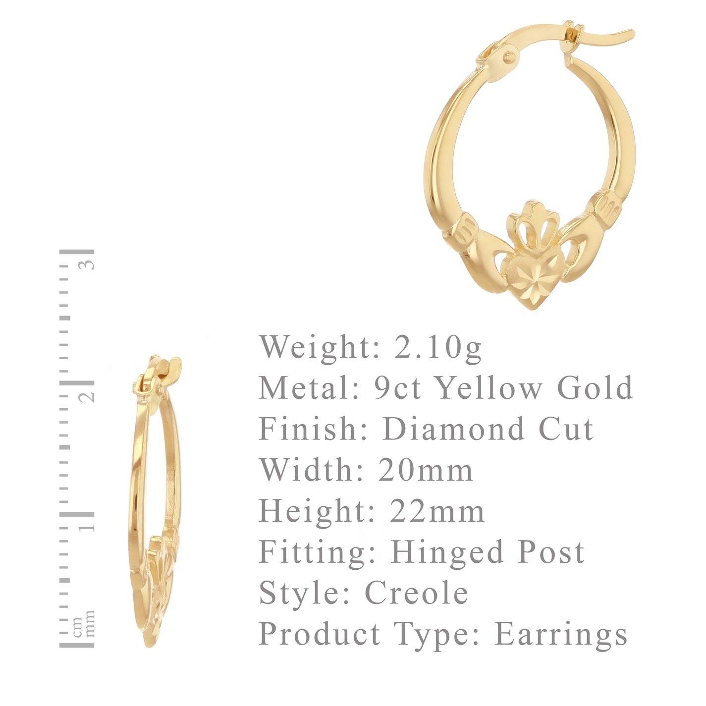 Yellow Gold - Be You - 9ct Gold Diamond Cut Claddagh Creole Earring - 6