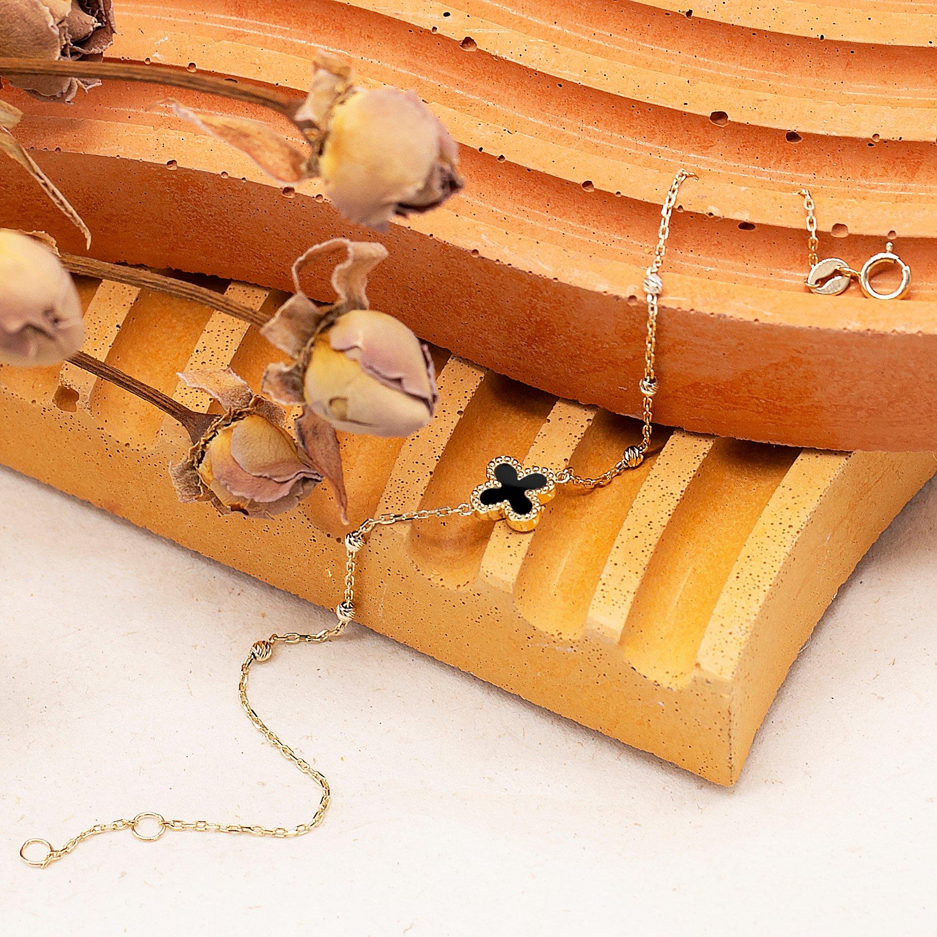 Yellow Gold - Be You - 9ct Gold Black Onyx Clover DC Ball Bracelet - 3