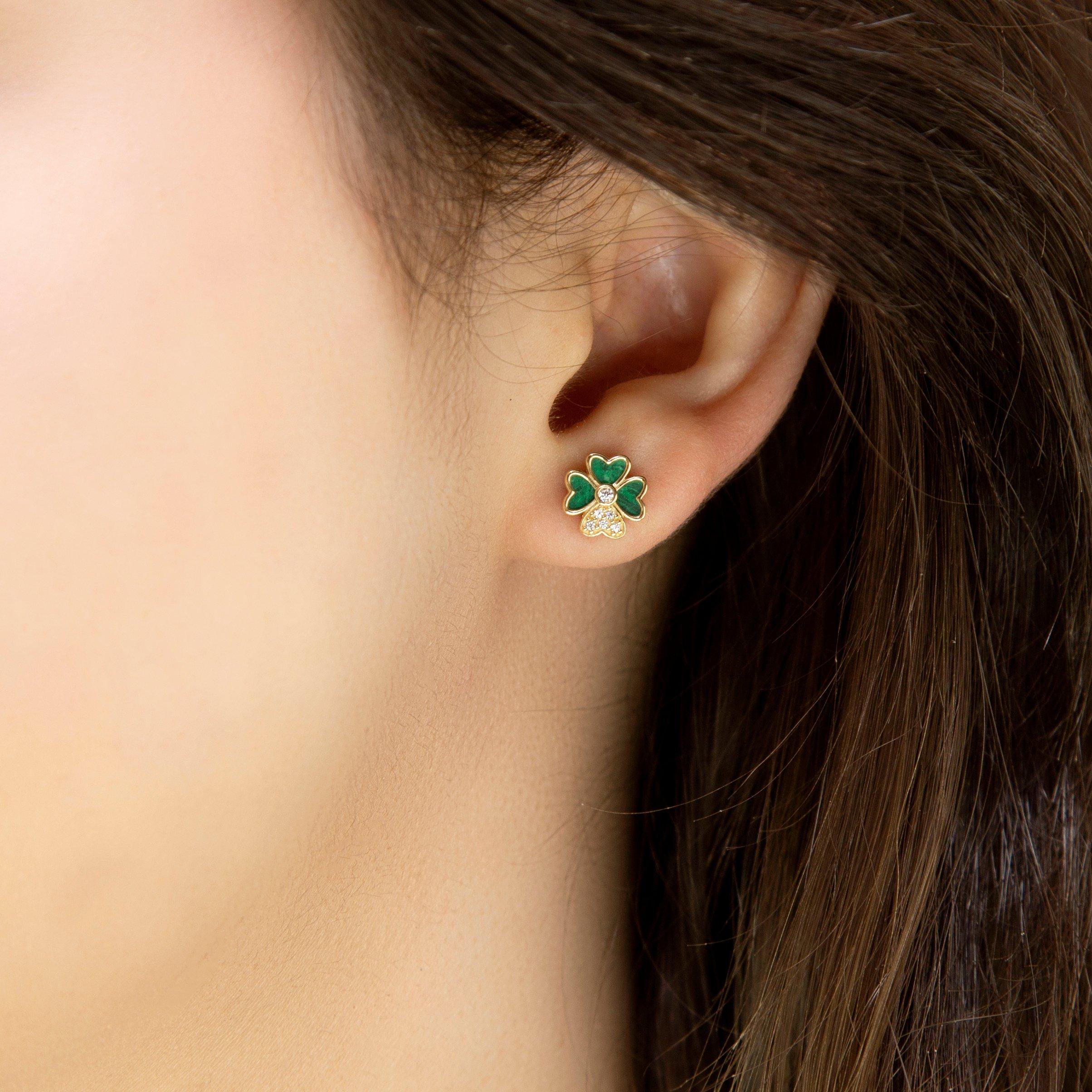 Yellow Gold - Be You - 9ct Gold Synthetic Malachite CZ Clover Earring - 2
