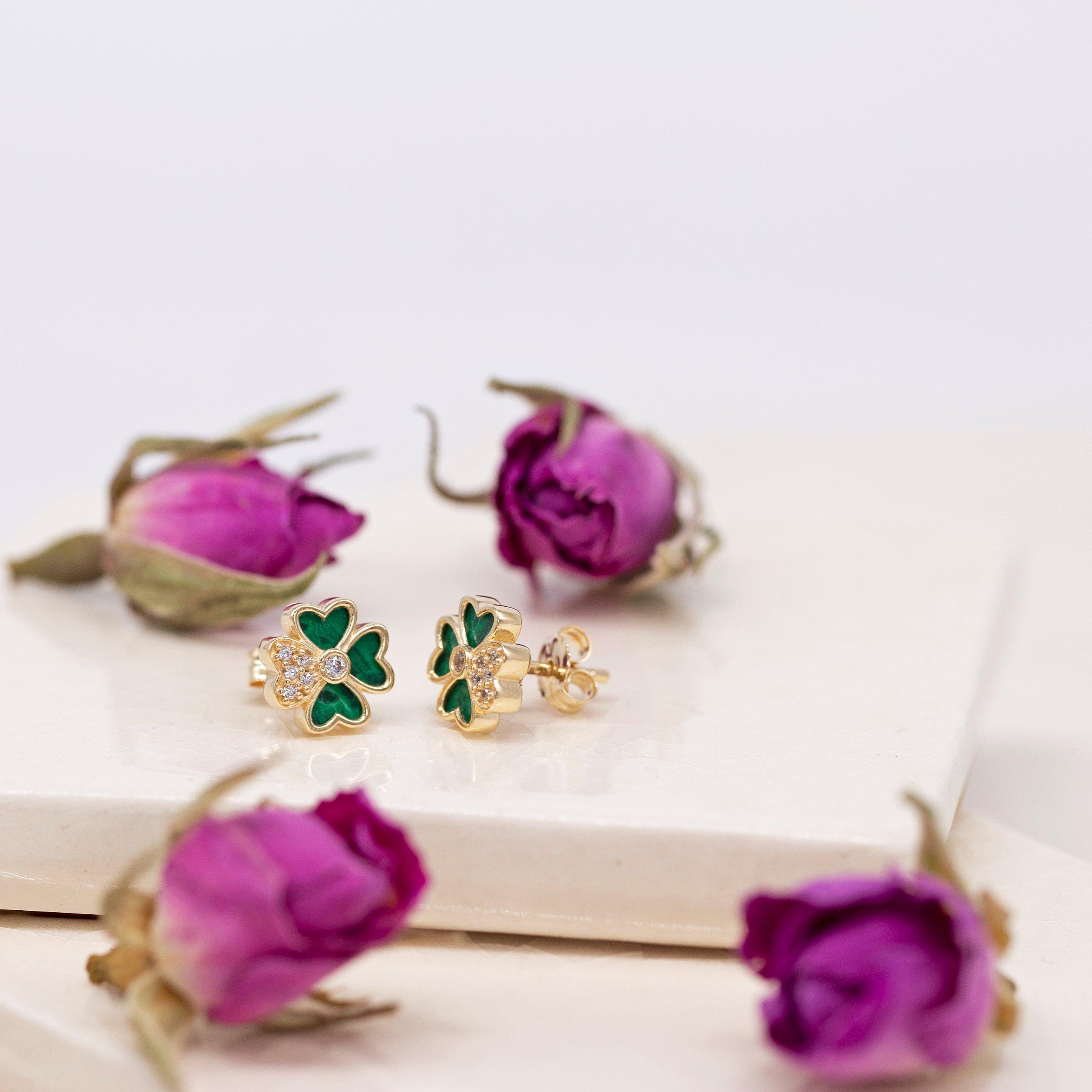 Yellow Gold - Be You - 9ct Gold Synthetic Malachite CZ Clover Earring - 3