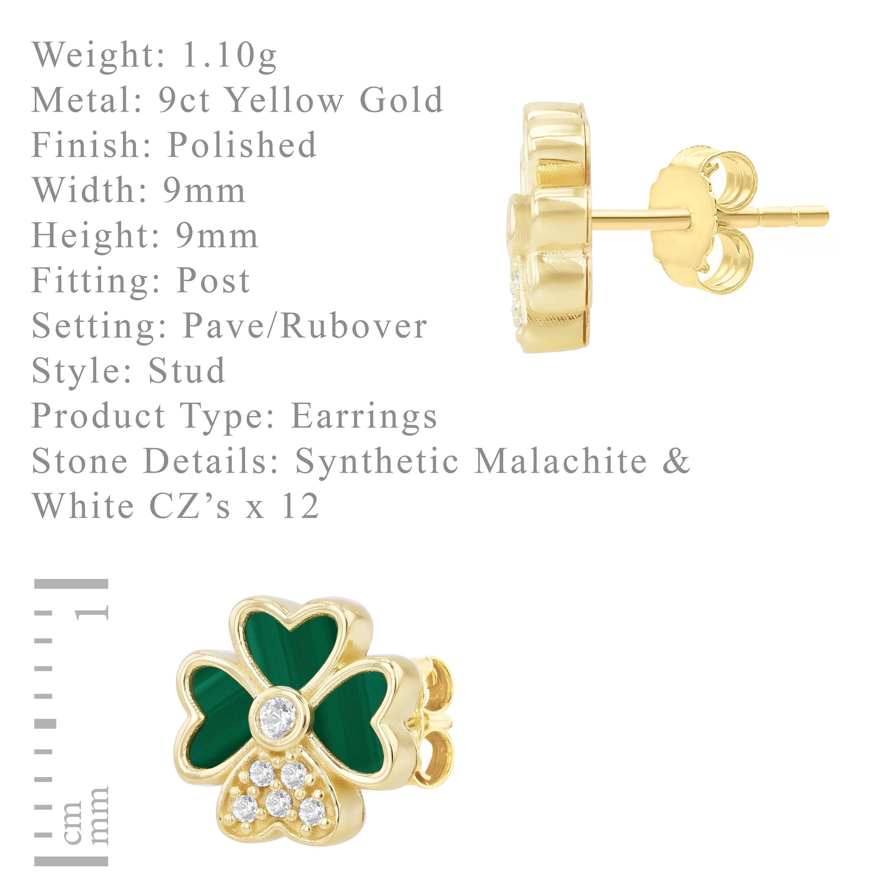 Yellow Gold - Be You - 9ct Gold Synthetic Malachite CZ Clover Earring - 5