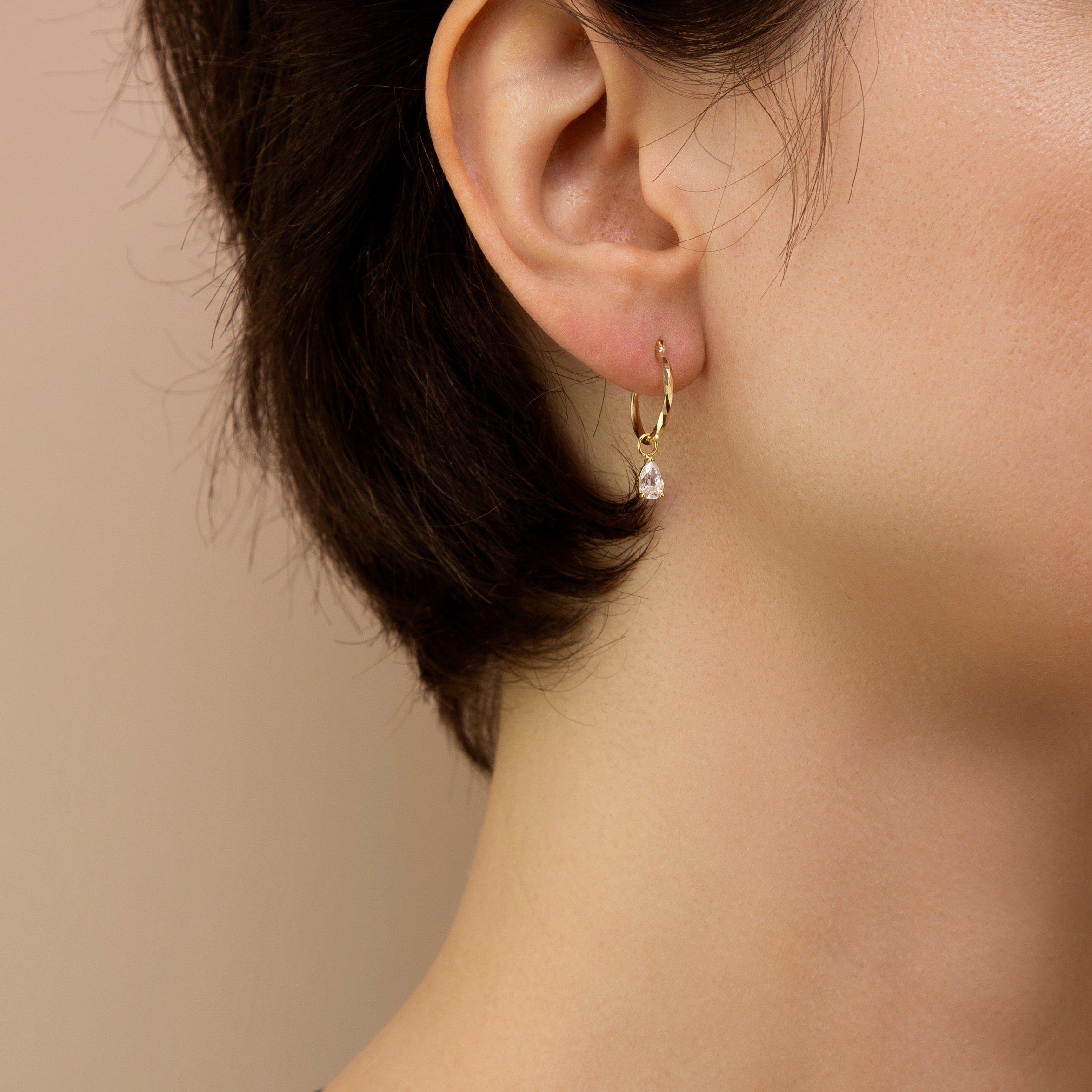 Yellow Gold - Be You - 9ct Gold Pear CZ Diamond Cut Creole Hoop Earring - 4