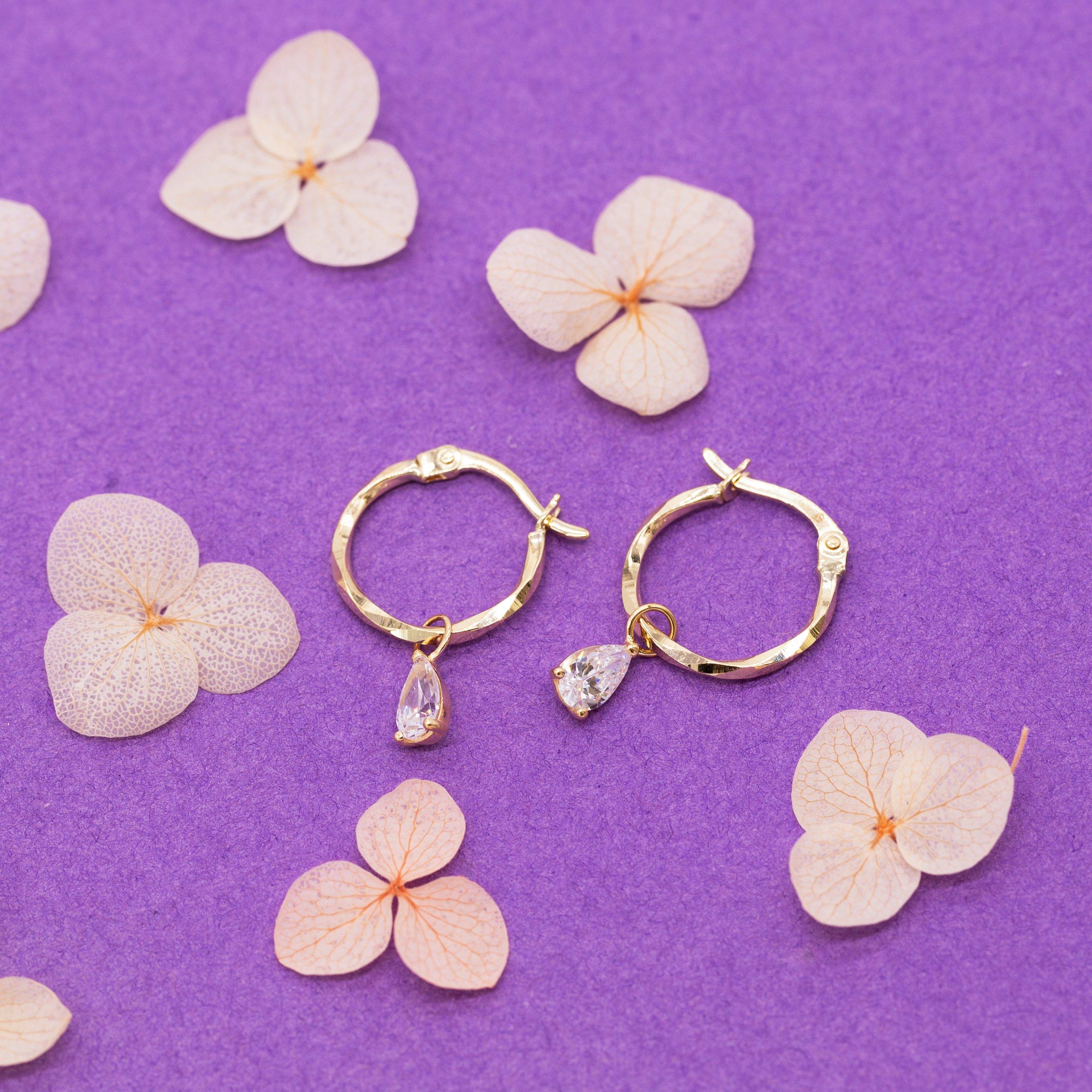 Yellow Gold - Be You - 9ct Gold Pear CZ Diamond Cut Creole Hoop Earring - 5