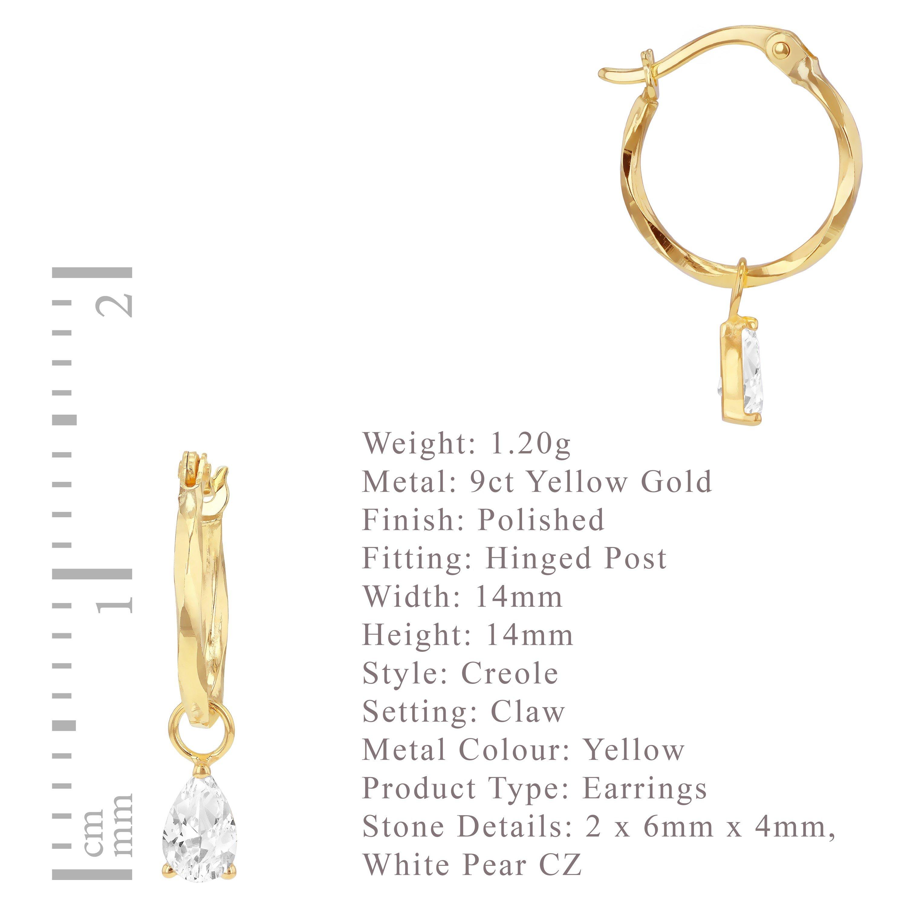 Yellow Gold - Be You - 9ct Gold Pear CZ Diamond Cut Creole Hoop Earring - 6