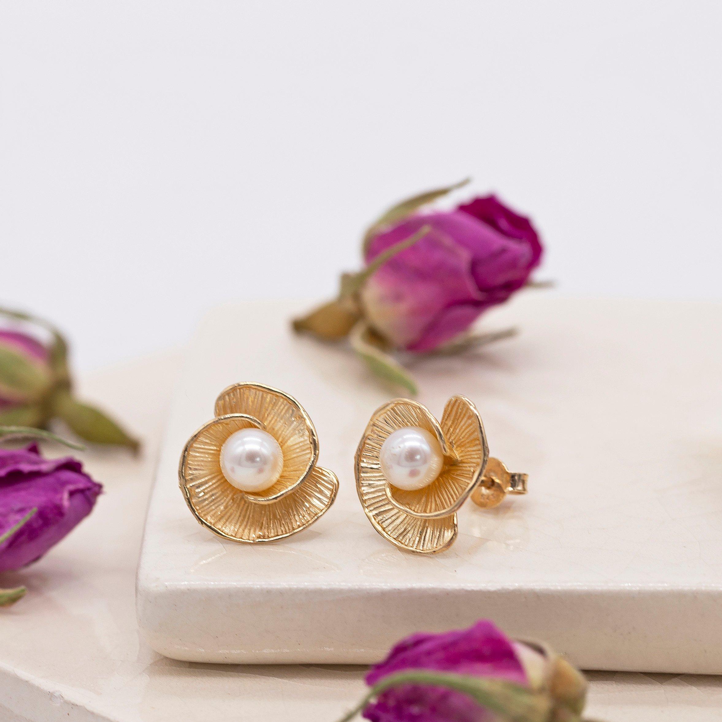 Yellow Gold - Be You - 9ct Gold  Freshwater Pearl Flower Stud Earrings - 3