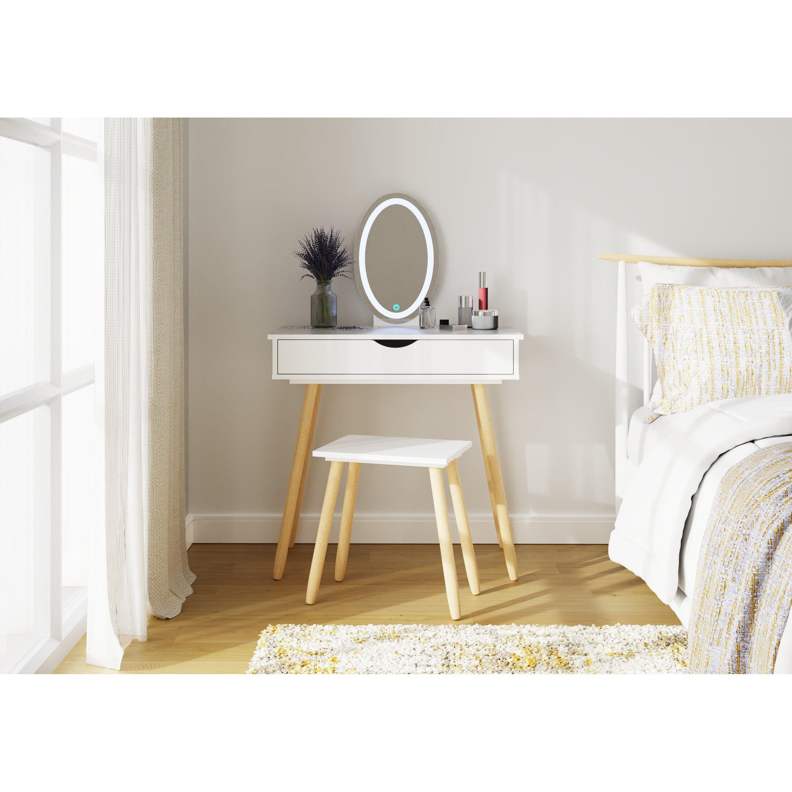 GFW Signy Dressing Table Set White. Make Up & Hair Vanity Table With Drawer, Large Round Mirror with LED Lighting. Stool included Modern Makeup Desk For Bedroom, H124 x W80 x D40cm. White/Oak - Image 5