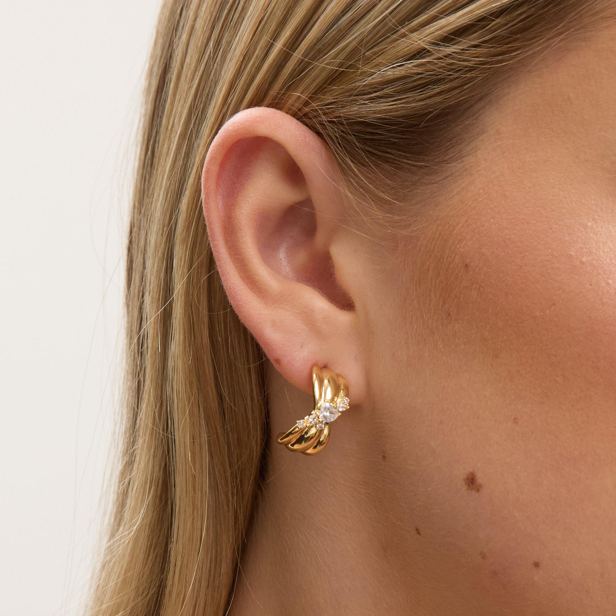 Gold - Jon Richard - Gold Plated Crystal Half Hoop Earrings - 2